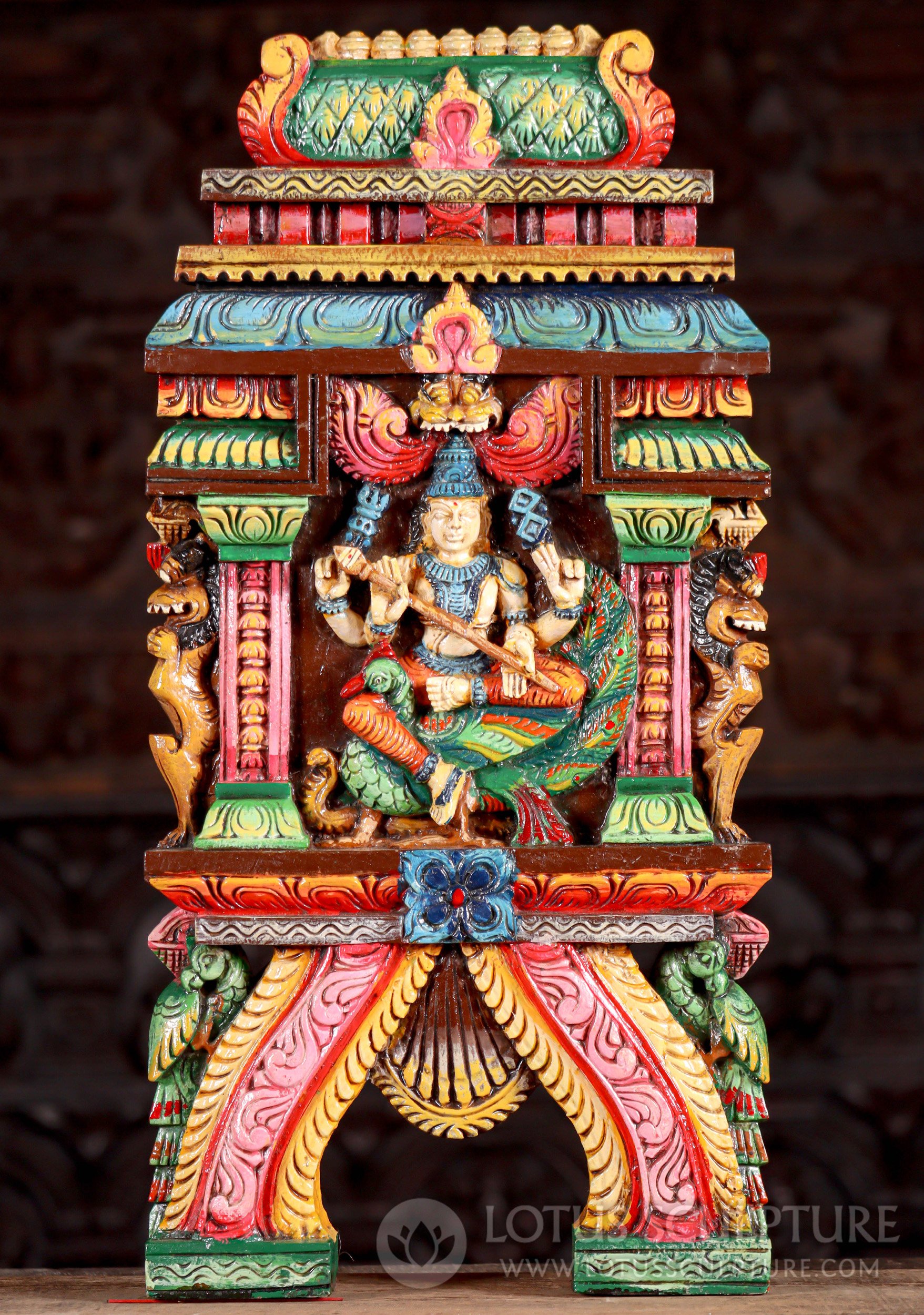 Murugan Kavadi Wood Sculpture Hindu God Seated on Peacock Holding Spear 24"