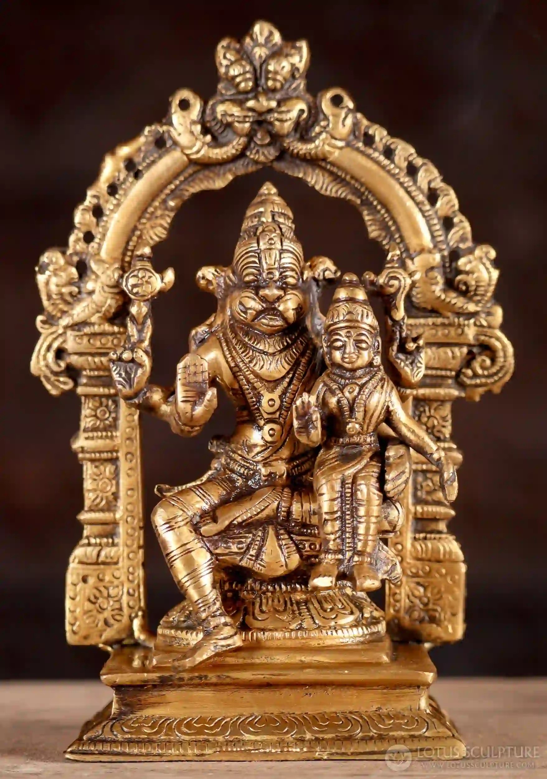 Narasimha Statue Small Brass Avatar Seated with The Hindu Goddess of Wealth Lakshmi 9"