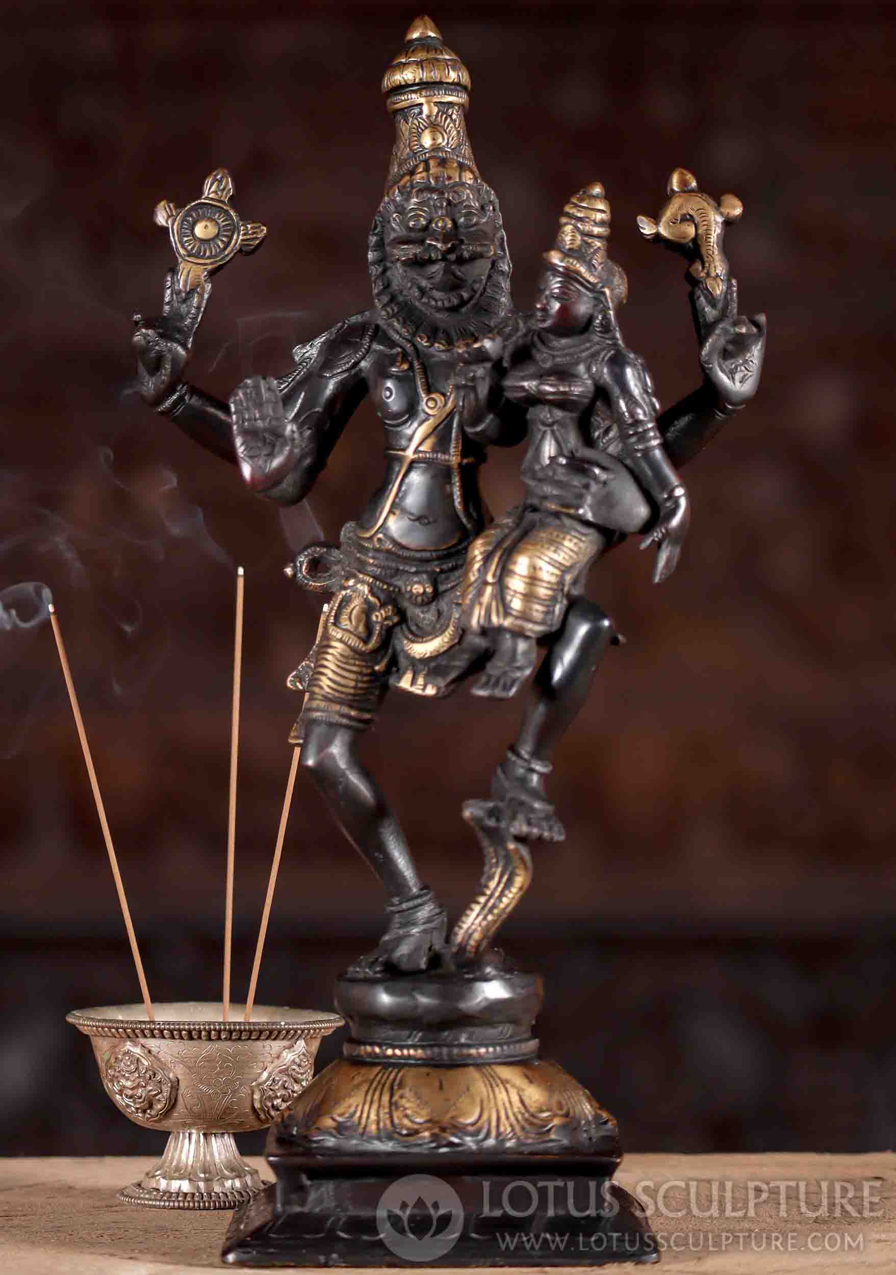 Narasimha Statue, Brass Avatar of Lord Vishnu Dancing with Lakshmi Craddled in His Arms 12"