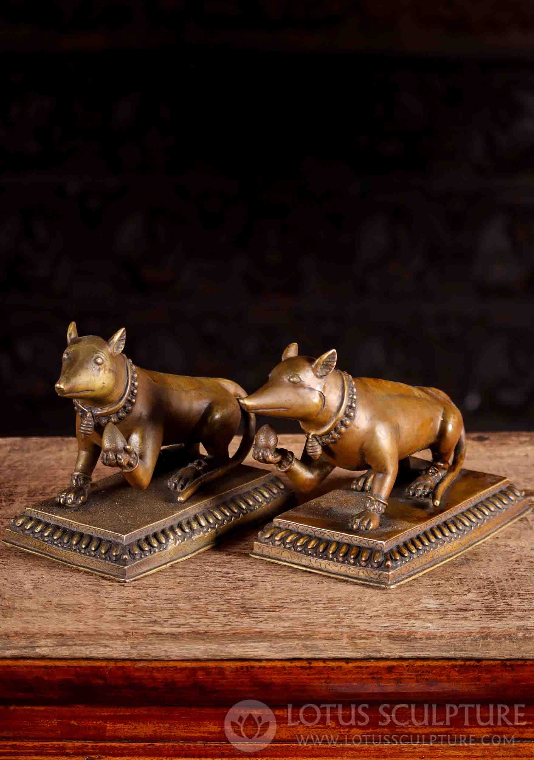 Mooshika Statues Pair of Brass Rats Offering Sweets, Antique Bronze Patina, Nepal 7.5"