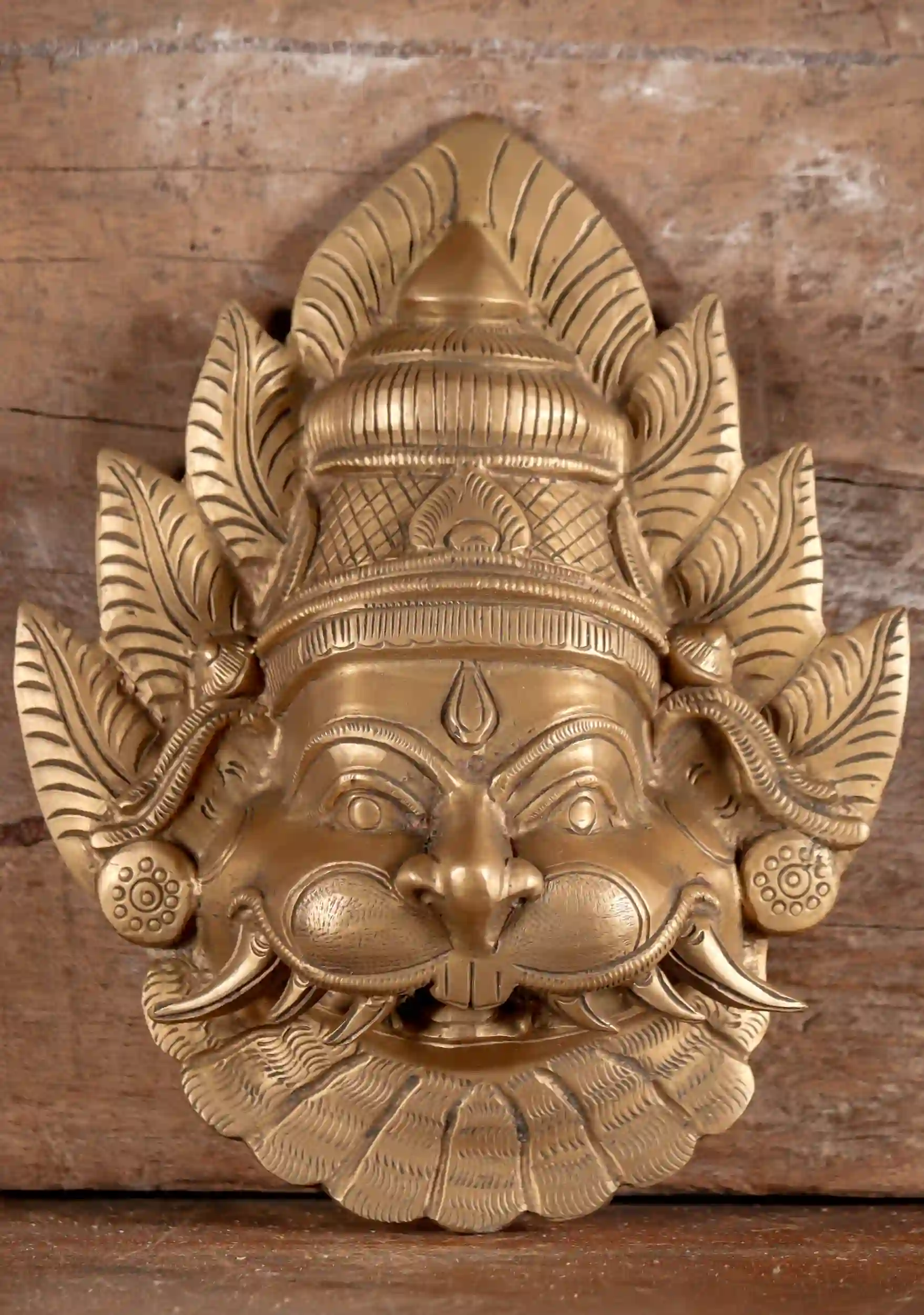 Mahakala Bust Bronze Wall Hanging with Conical Headdress - Hindu Protector Deity 8.5"