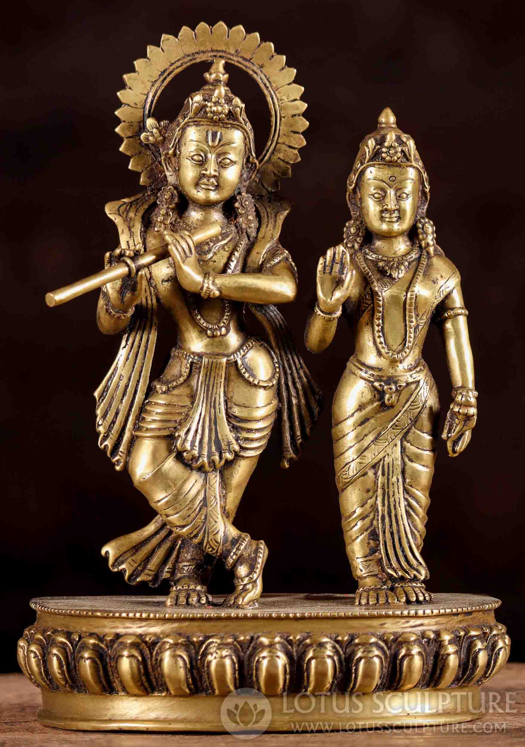 Krishna with Radha Statue, Golden Brass Lovers Standing on Lotus, Handcrafted in Nepal 9"