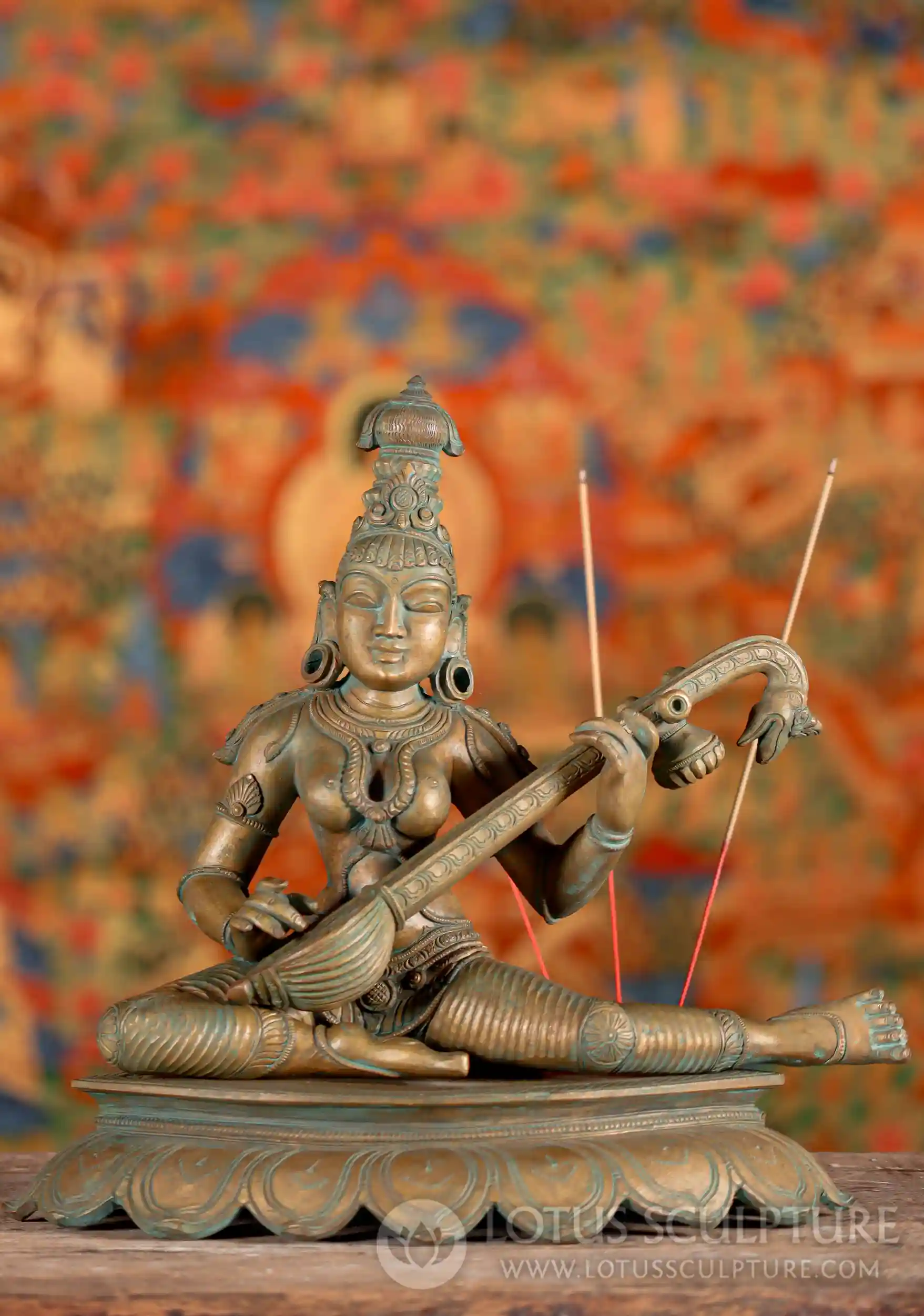 Saraswati Statue Seated in Relaxing Position Playing the Veena South Indian Bronze 11"