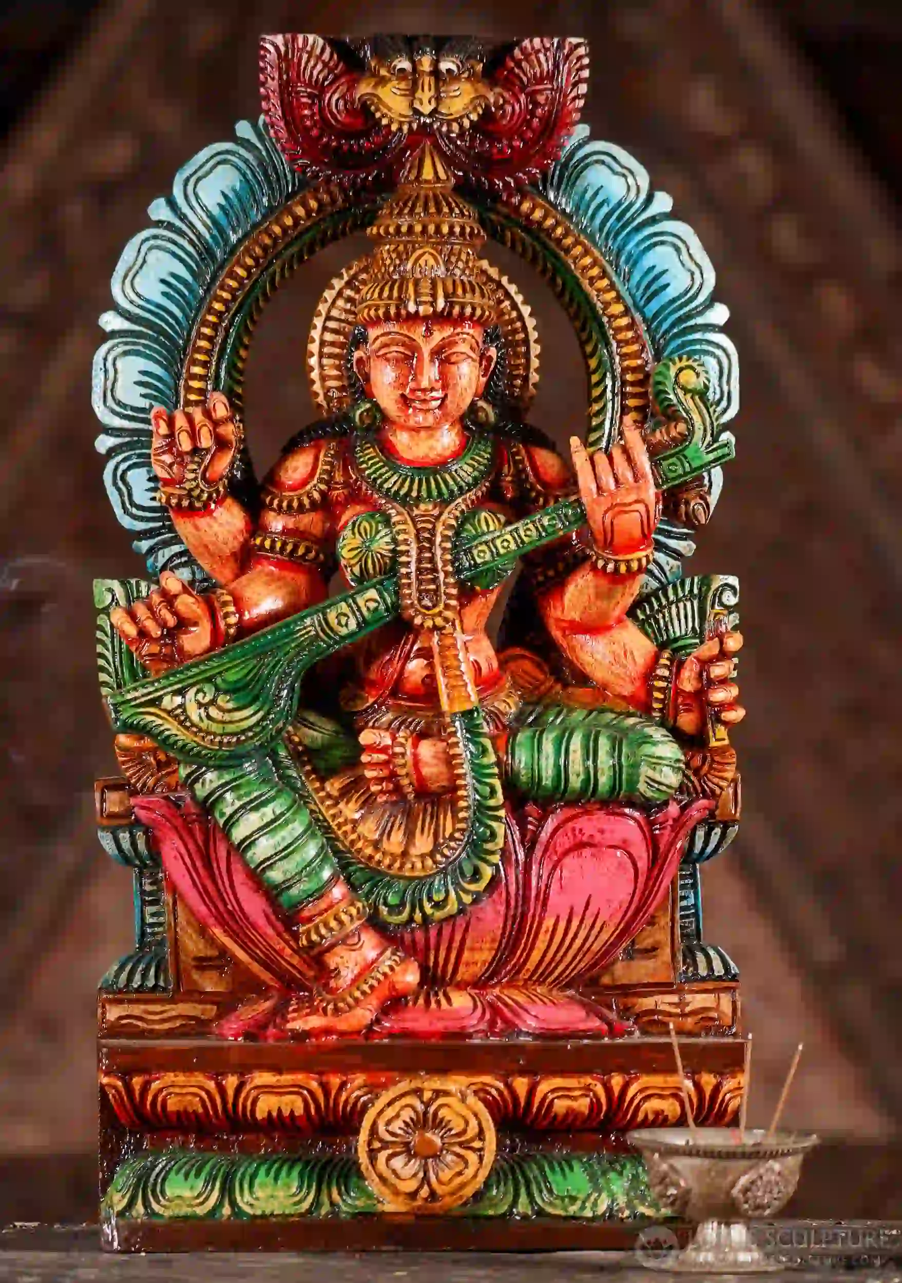 Saraswati Sculpture Painted Wood Statue Seated on Lotus Hand-Carved in India 18"