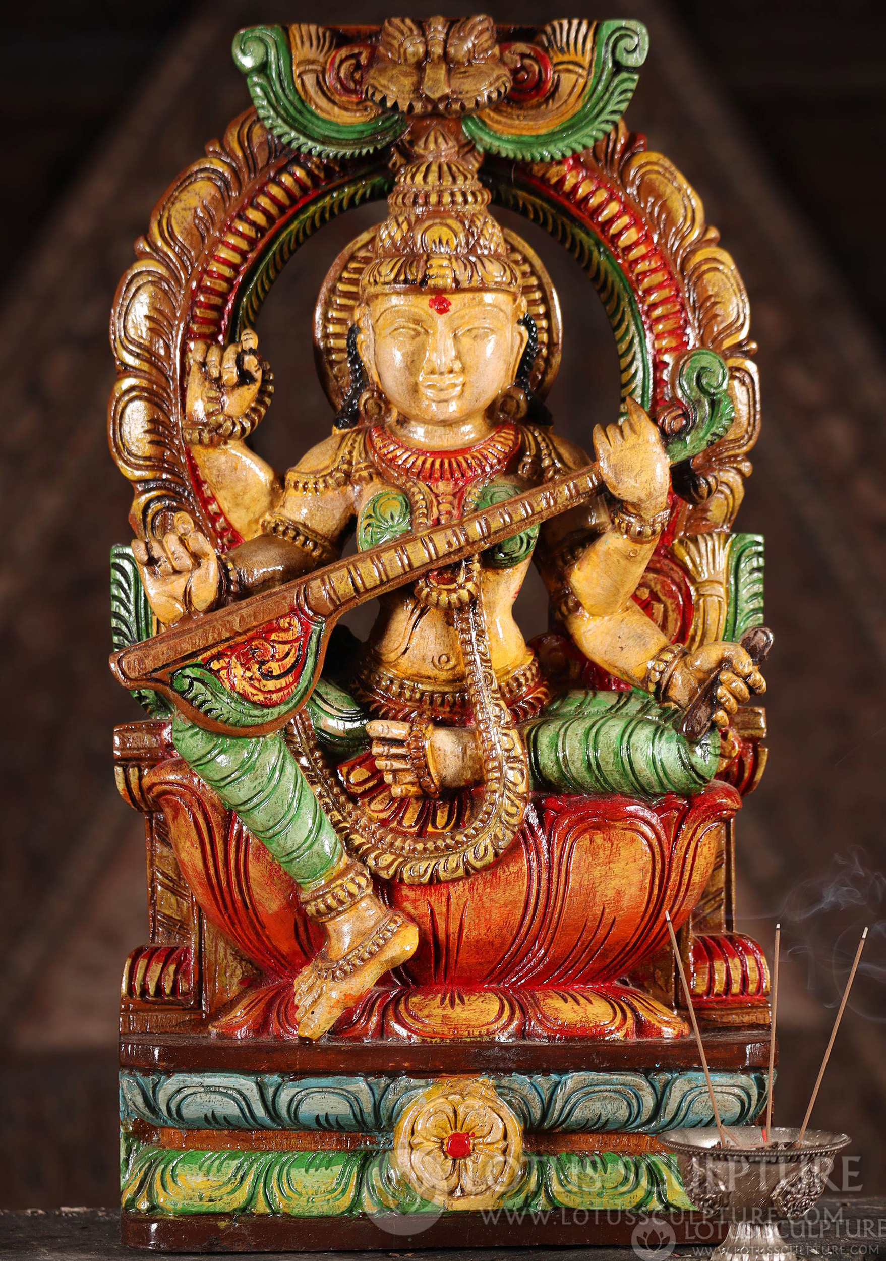 Saraswati Wood Sculpture Hand Carved Hindu Goddess Seated on Lotus Playing Veena 18"