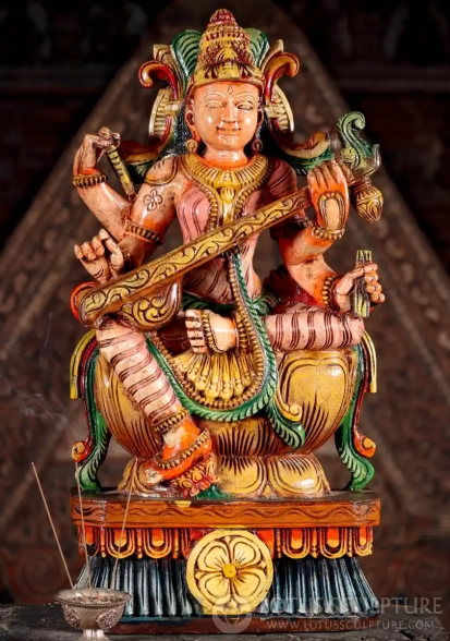 Saraswati Sculpture Hand-Carved Wood Playing Veena in Lalitasana on Lotus Base 24"