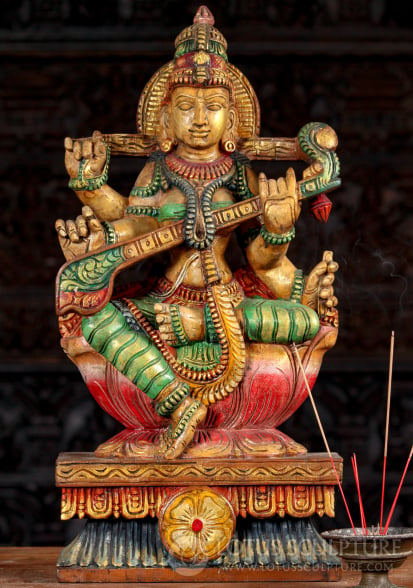 Saraswati Hand Painted Wood Sculpture with Veena on Lotus Base, South India 24"