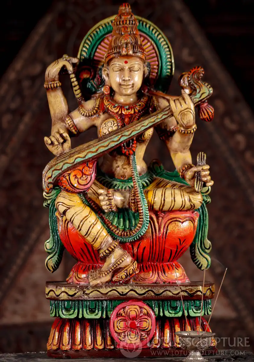 Saraswati Wooden Sculpture Playing Veena with Mala and Vedas, Seated on Lotus Base 24"