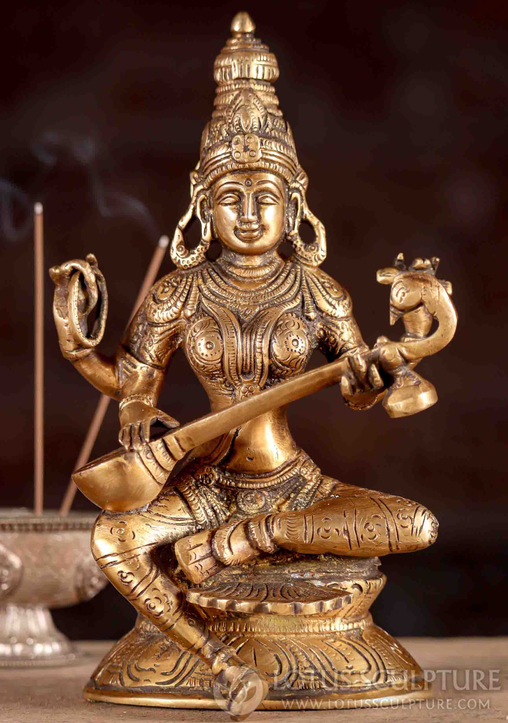 Saraswati Statue Brass Hindu Goddess Playing a Swan Headed Veena Seated on a Lotus Base 8"