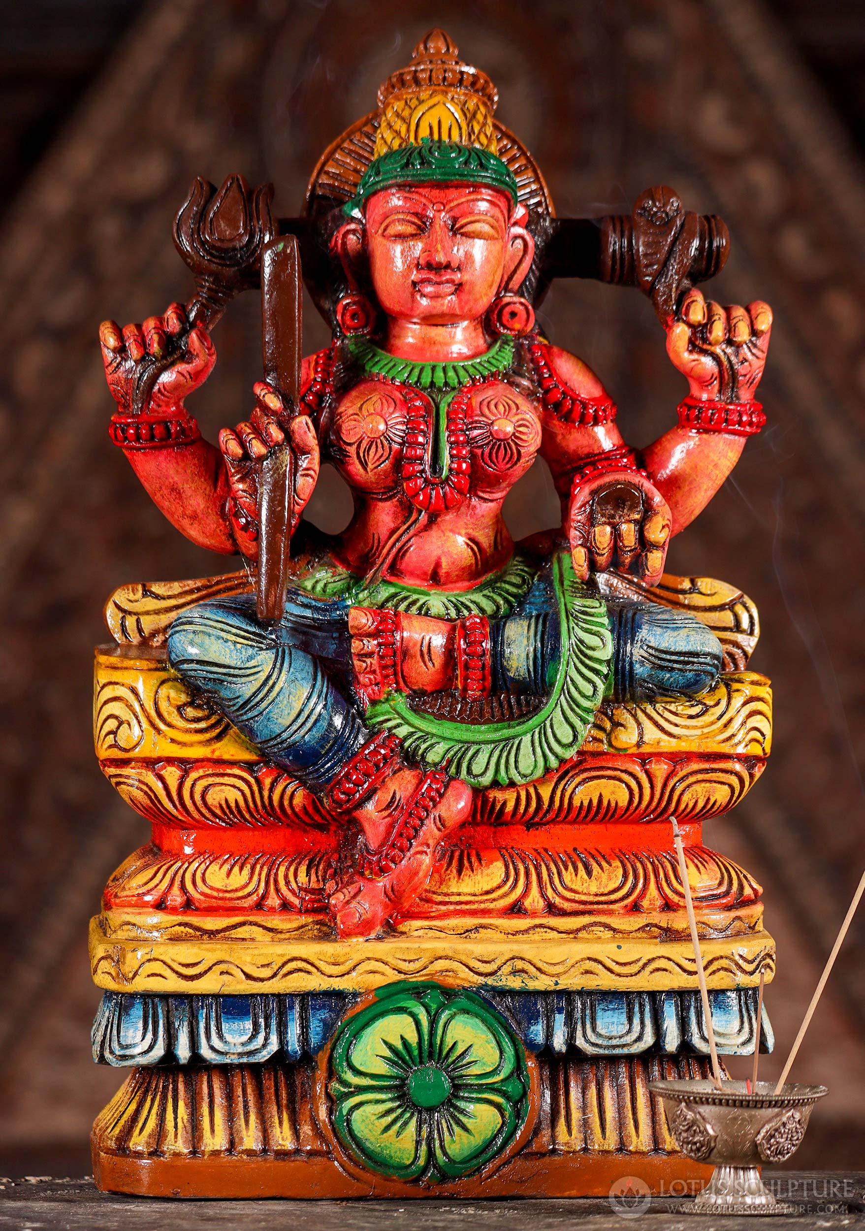 Shakti Wood Sculpture Hand Carved Hindu Goddess Seated with Cobra-Wrapped Drum 18"