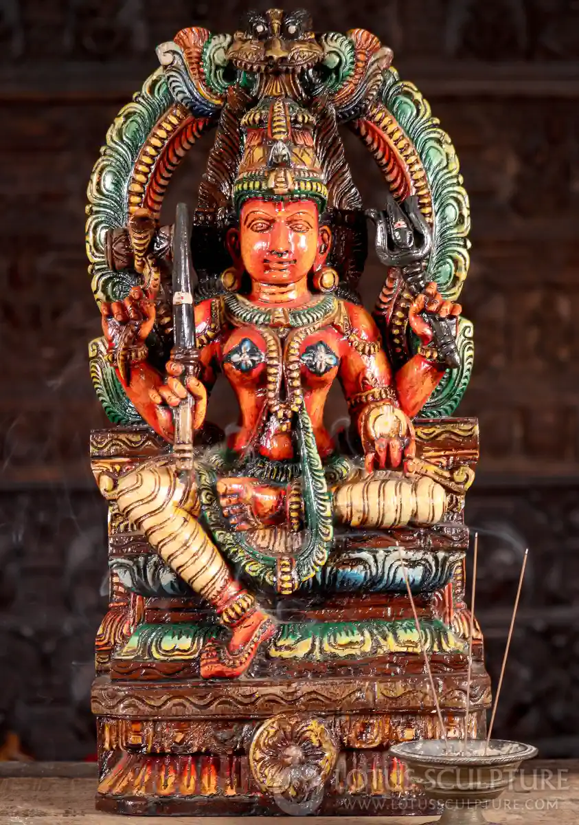 Shakti Wood Painted Sculpture with Mahakala Arch, Seated in Lalitasana on Lotus Throne 24"