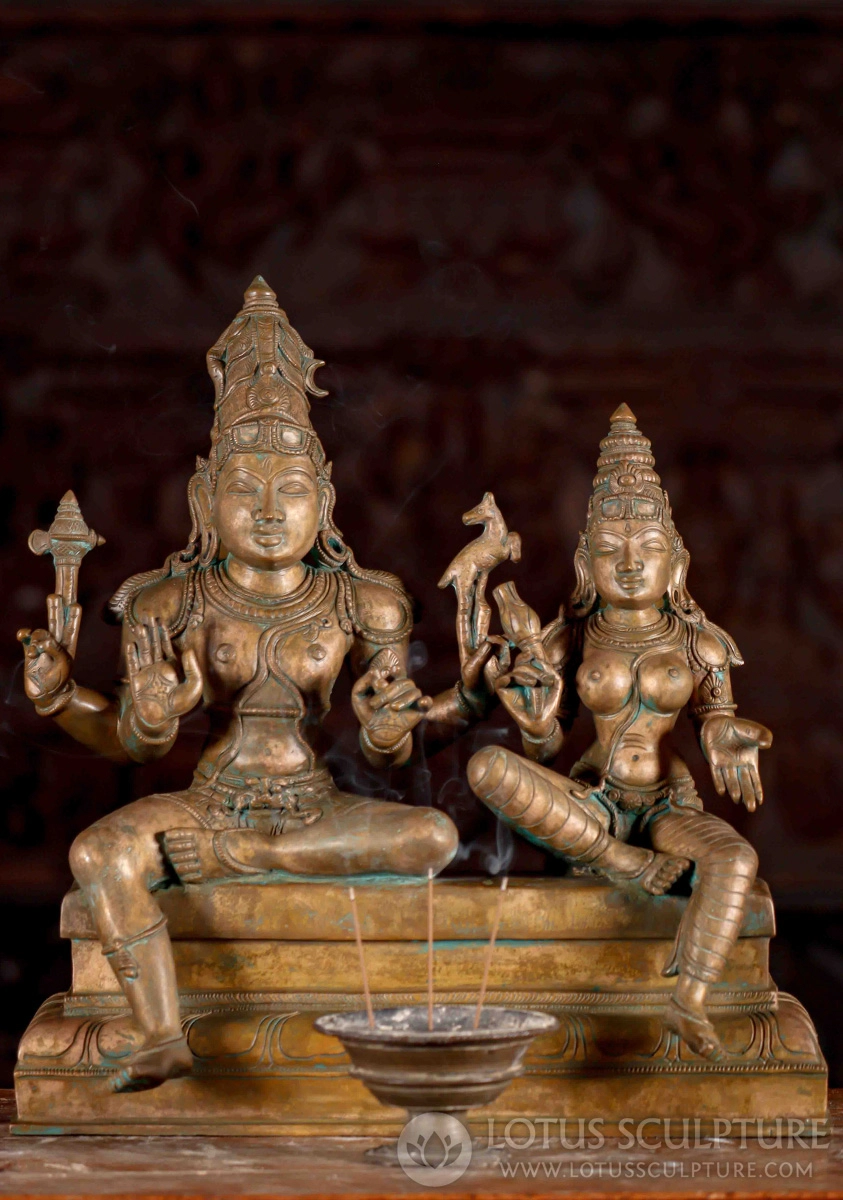 Shiva and Parvati Panchaloha Bronze Statue Seated in Abhaya and Varada Mudras 15.5"