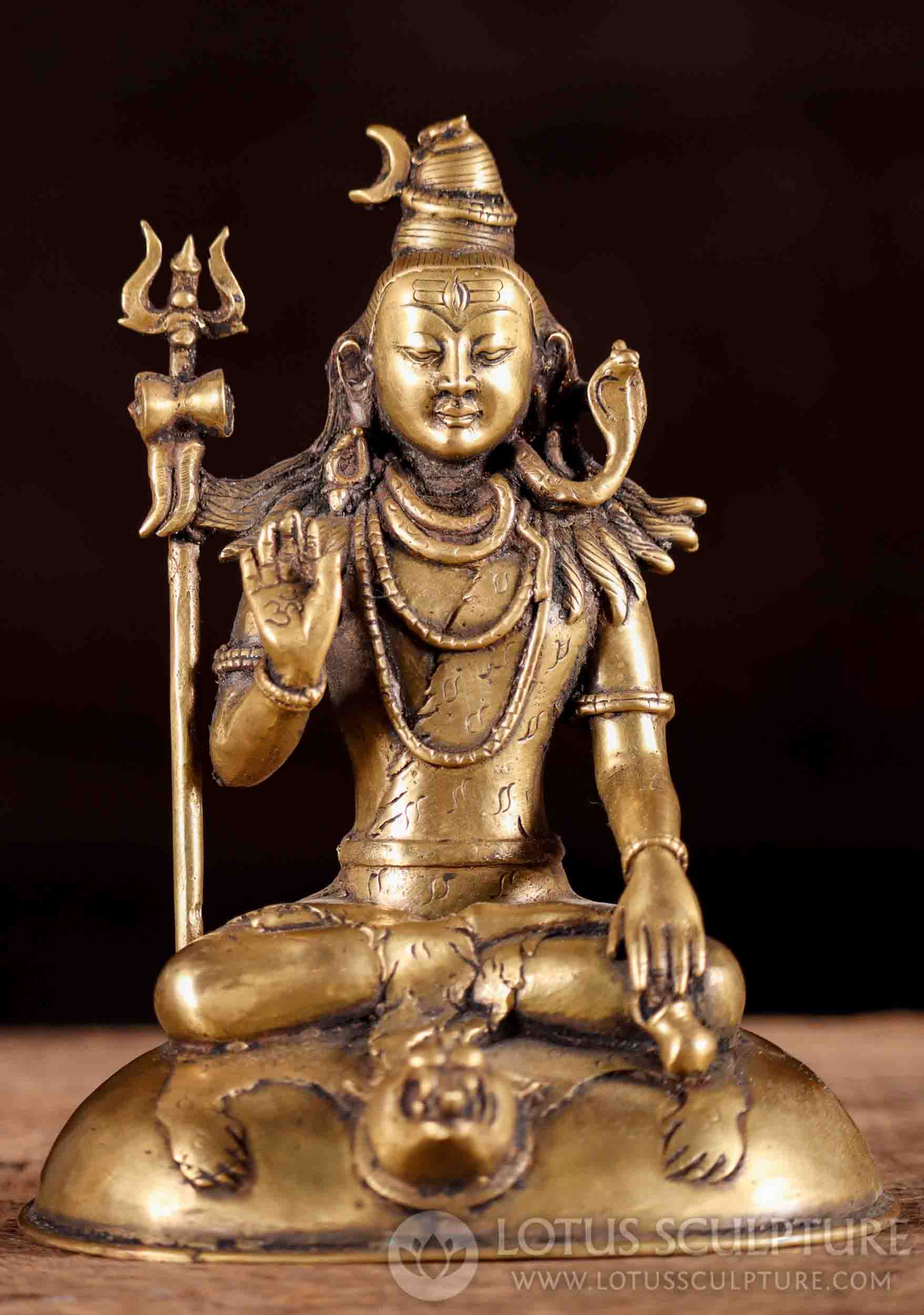 Shiva Brass Statue in Abhaya Mudra, Full Lotus on Tiger Skin with Trident Crafted in Nepal 6.5"