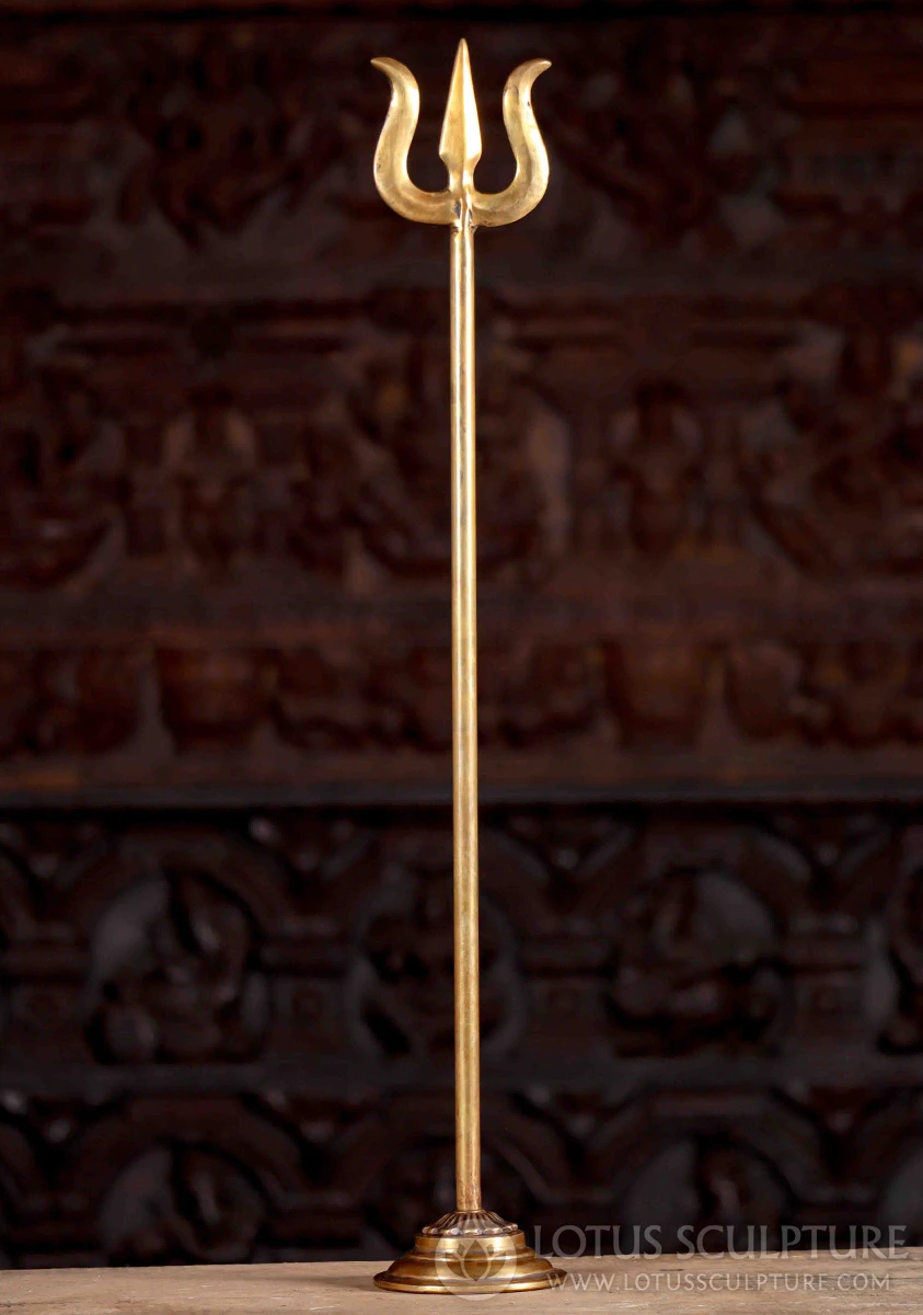 Shiva's Trident or Trishul Tall Brass Weapon with Lotus Base Stand 26"