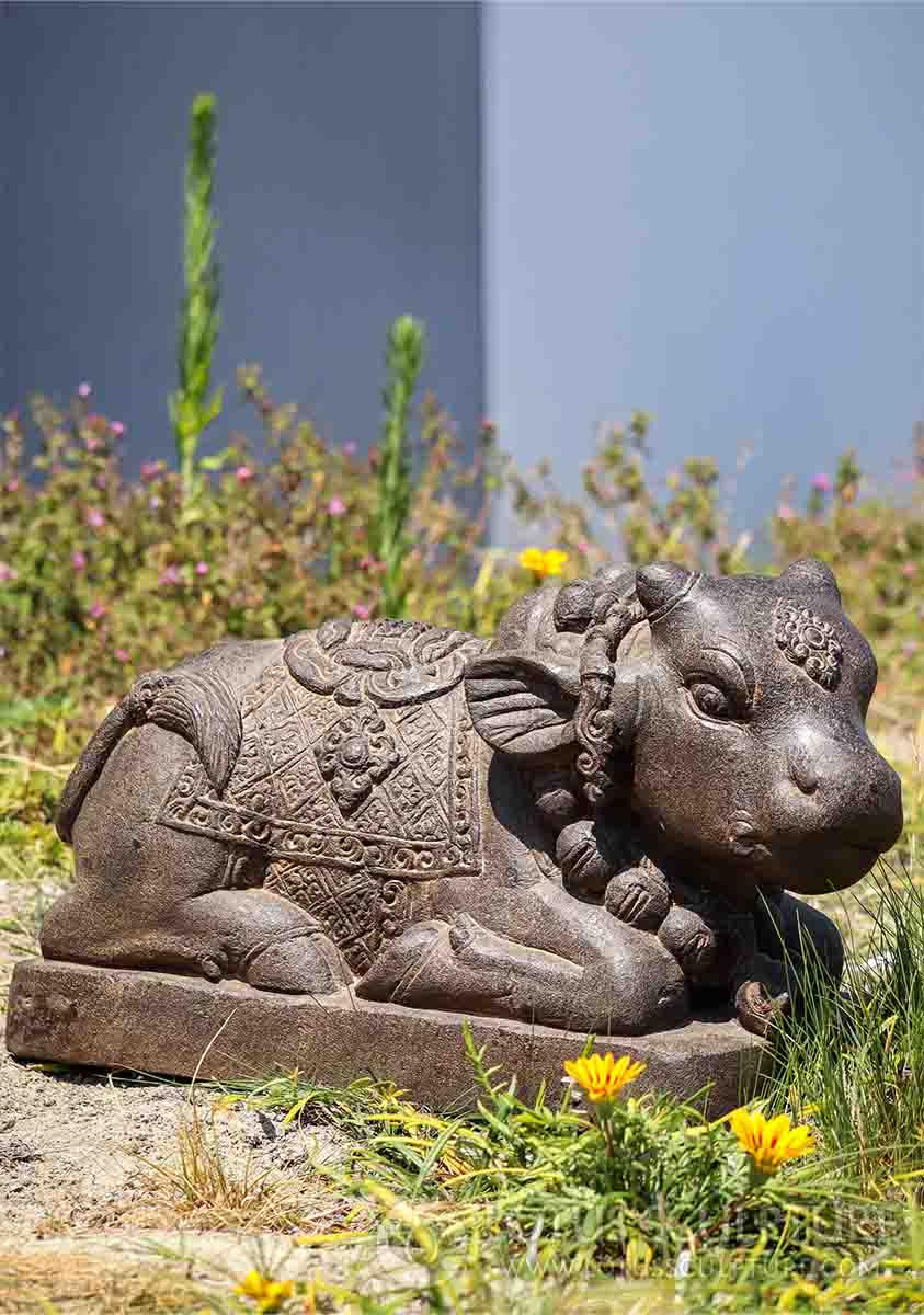 Nandi Stone Sculpture of the White Bull of Lord Shiva, Hand Carved in Indonesia 17"