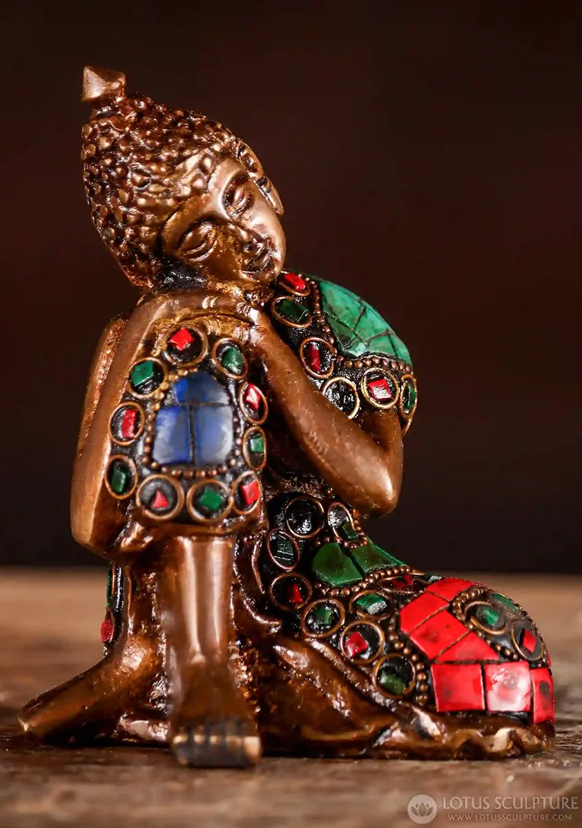 Buddha Resting Brass Statue Decorated with Colored Stones the Perfect Buddhist Gift 4"