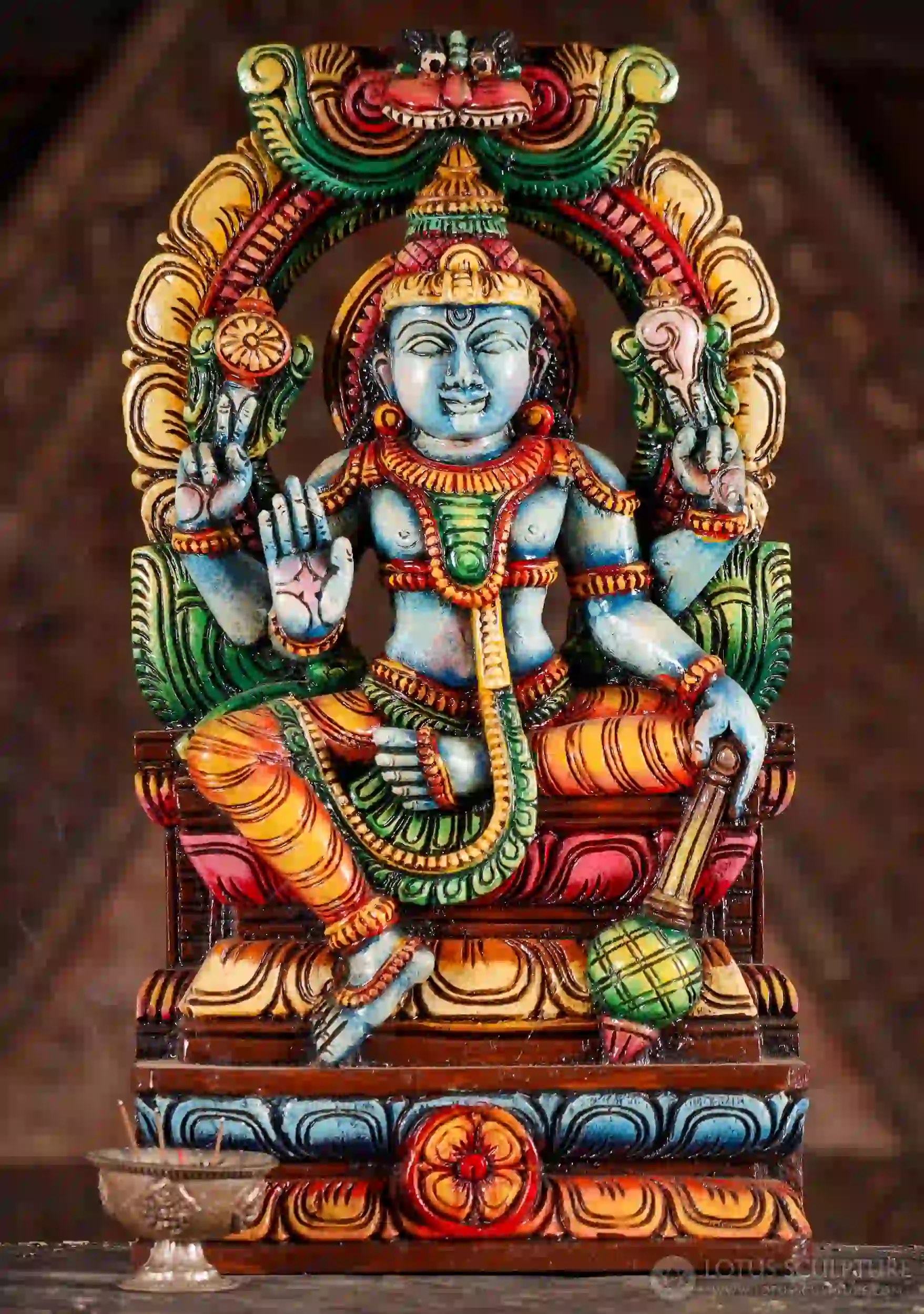 Vishnu Hand-Carved Wooden Sculpture in Abhaya Mudra Under Mahakala Arch with Club 18"