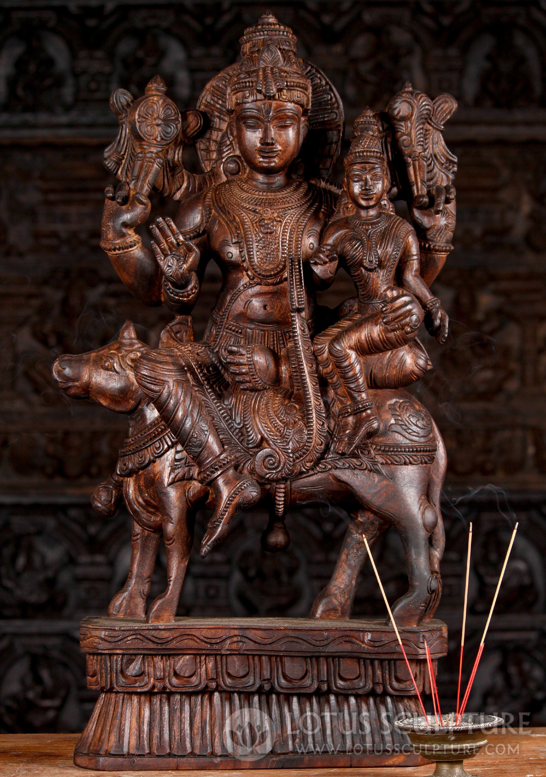 Vishnu and Lakshmi Sculpture Hand Carved Dark Wood on Nandi Bull, South India 24"