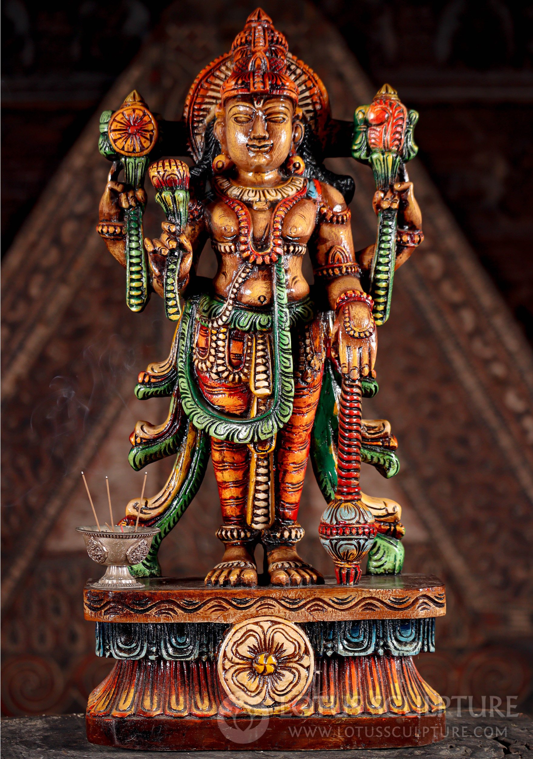 Vishnu Wood Sculpture Hindu God Standing with Gada, Lotus, Discus, and Conch 24"