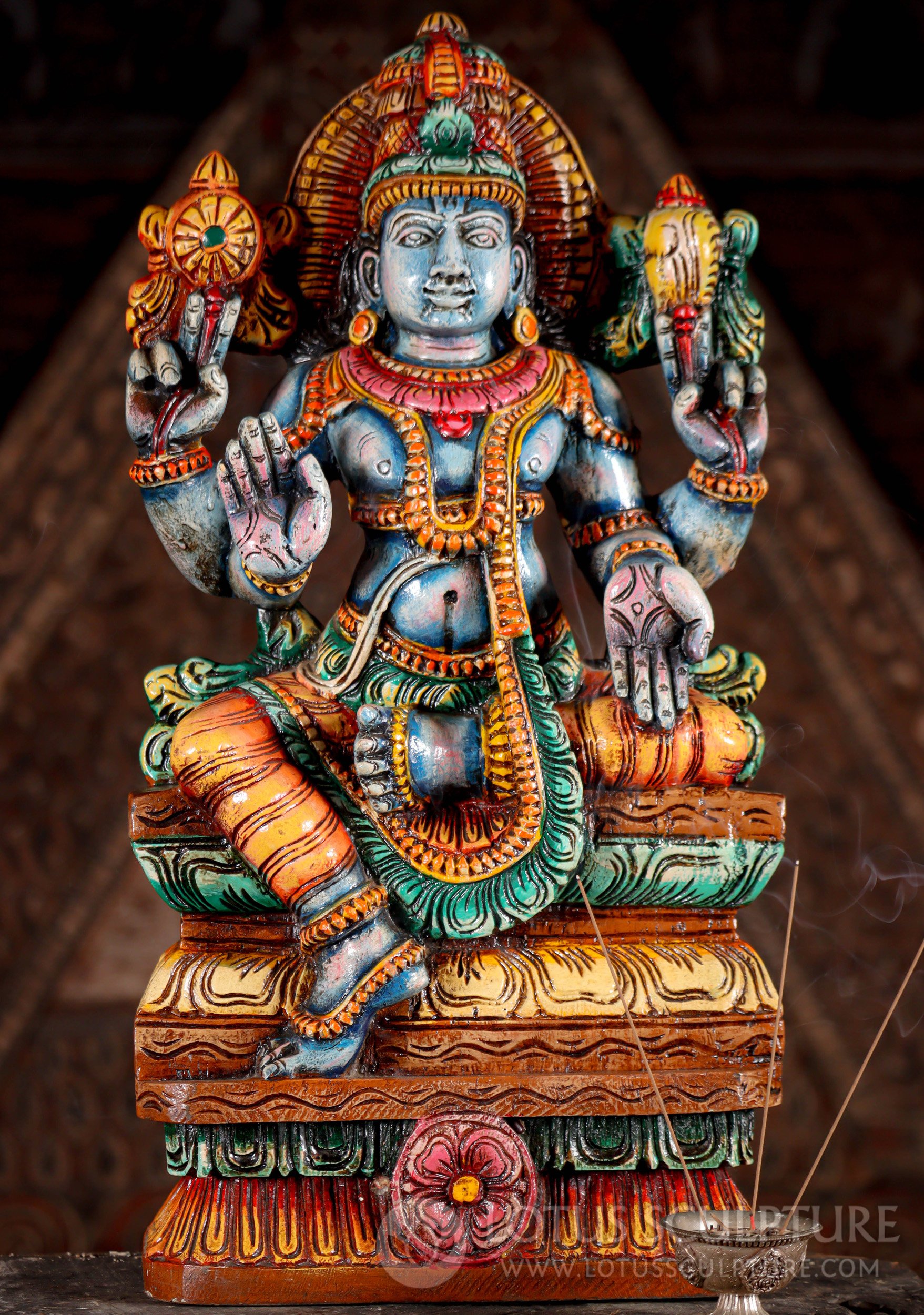 Vishnu Wood Sculpture with Discus and Conch in Abhaya and Varada Mudra 24"