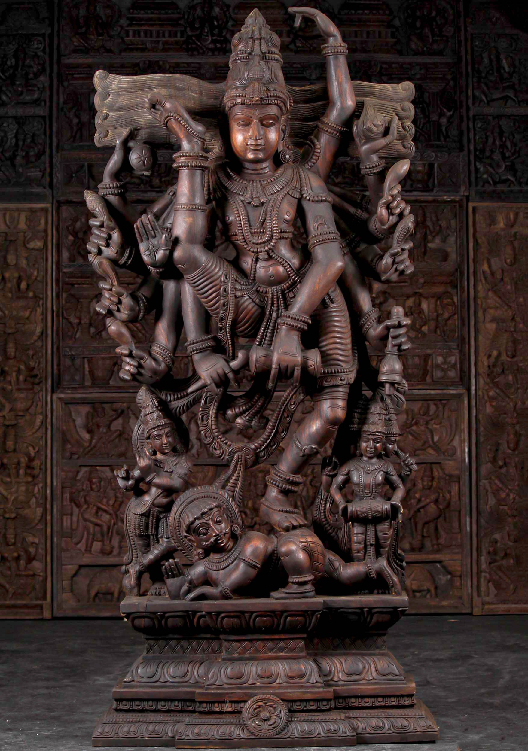 Large Wooden Dancing Tandava Shiva Carving with 12 Arms and Leg Raised Overhead 78"