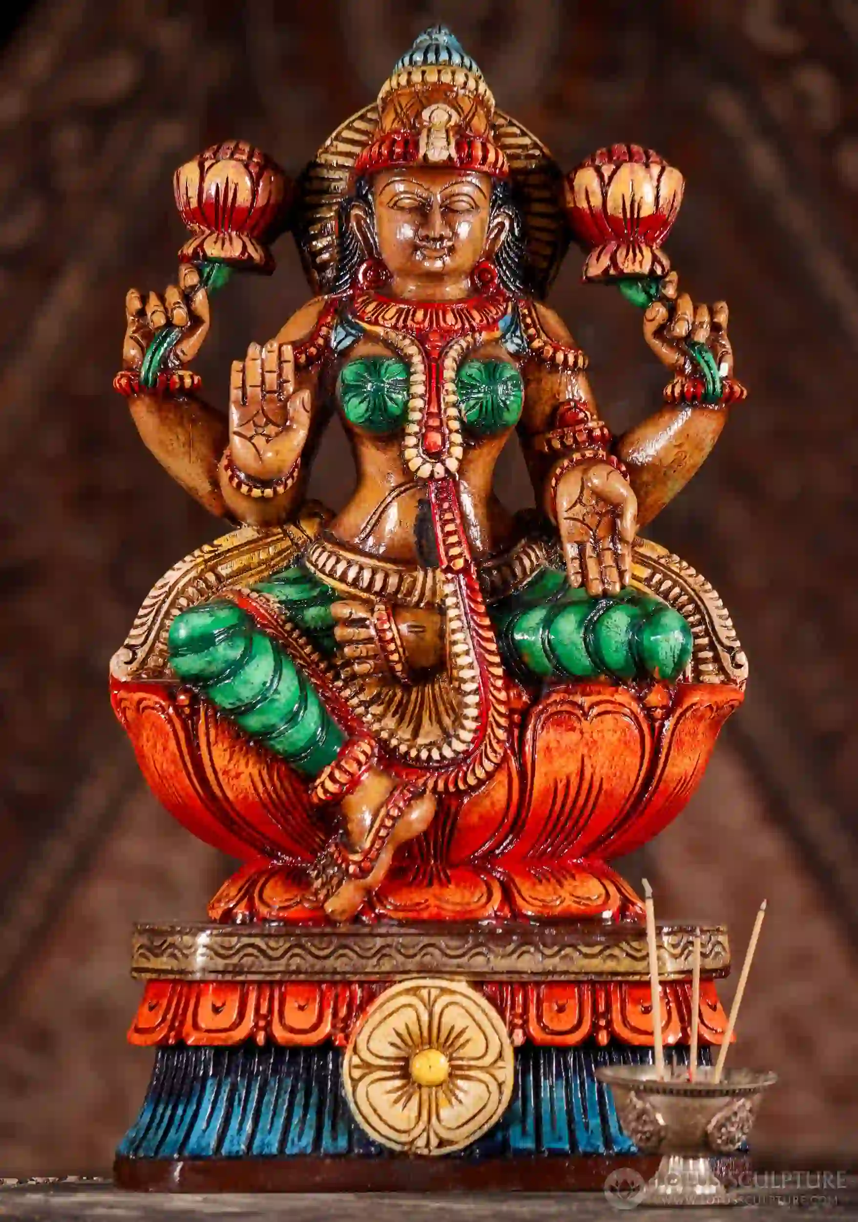 Lakshmi Wooden Statue Hindu Goddess on Lotus in Abhaya Mudra with Lotus Flowers 18"