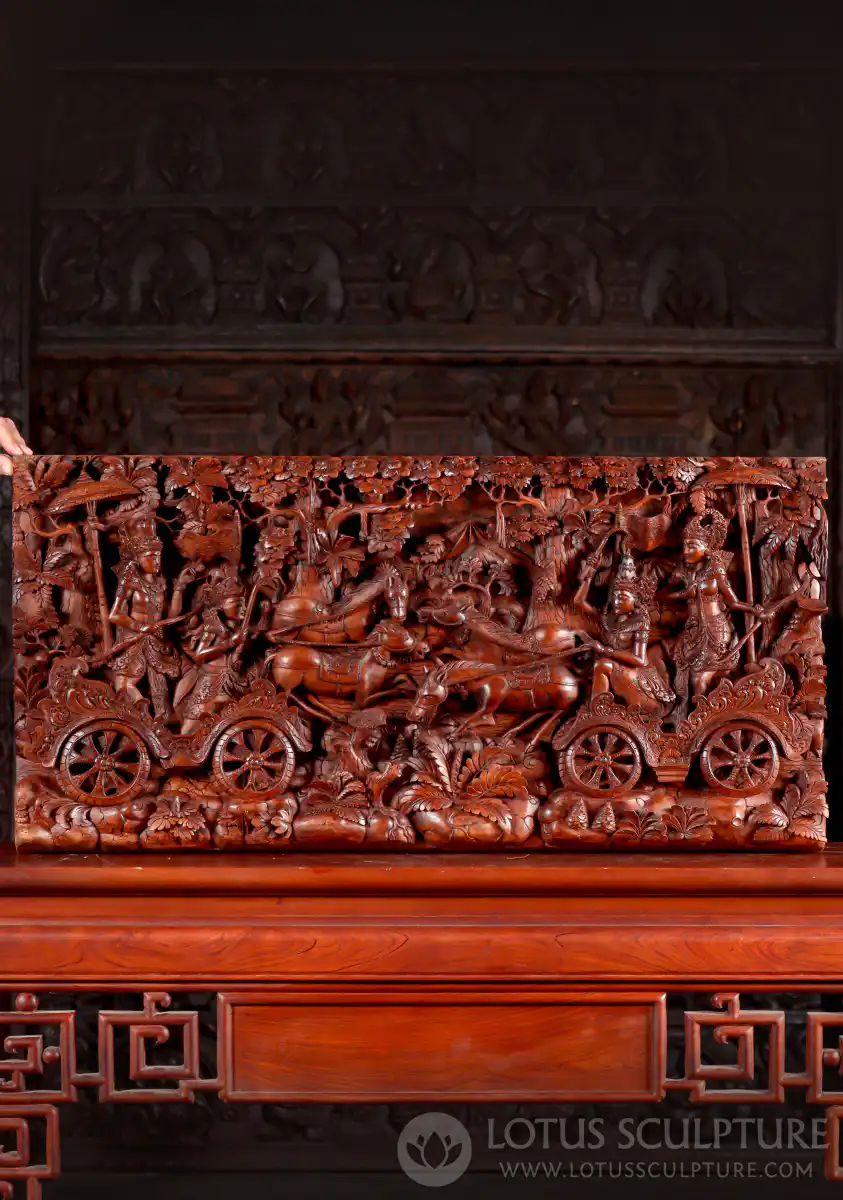 Krishna and Arjuna Hand-Carved Wooden Panel Riding into Battle on Horse-Drawn Chariot 39"