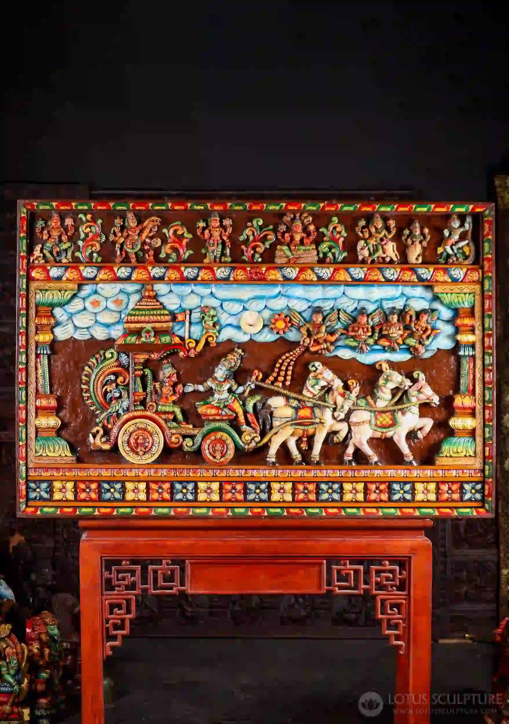 Bhagavad-Gita Scene of Arjuna & Krishna on Horse-Drawn Chariot with Hanuman 72"