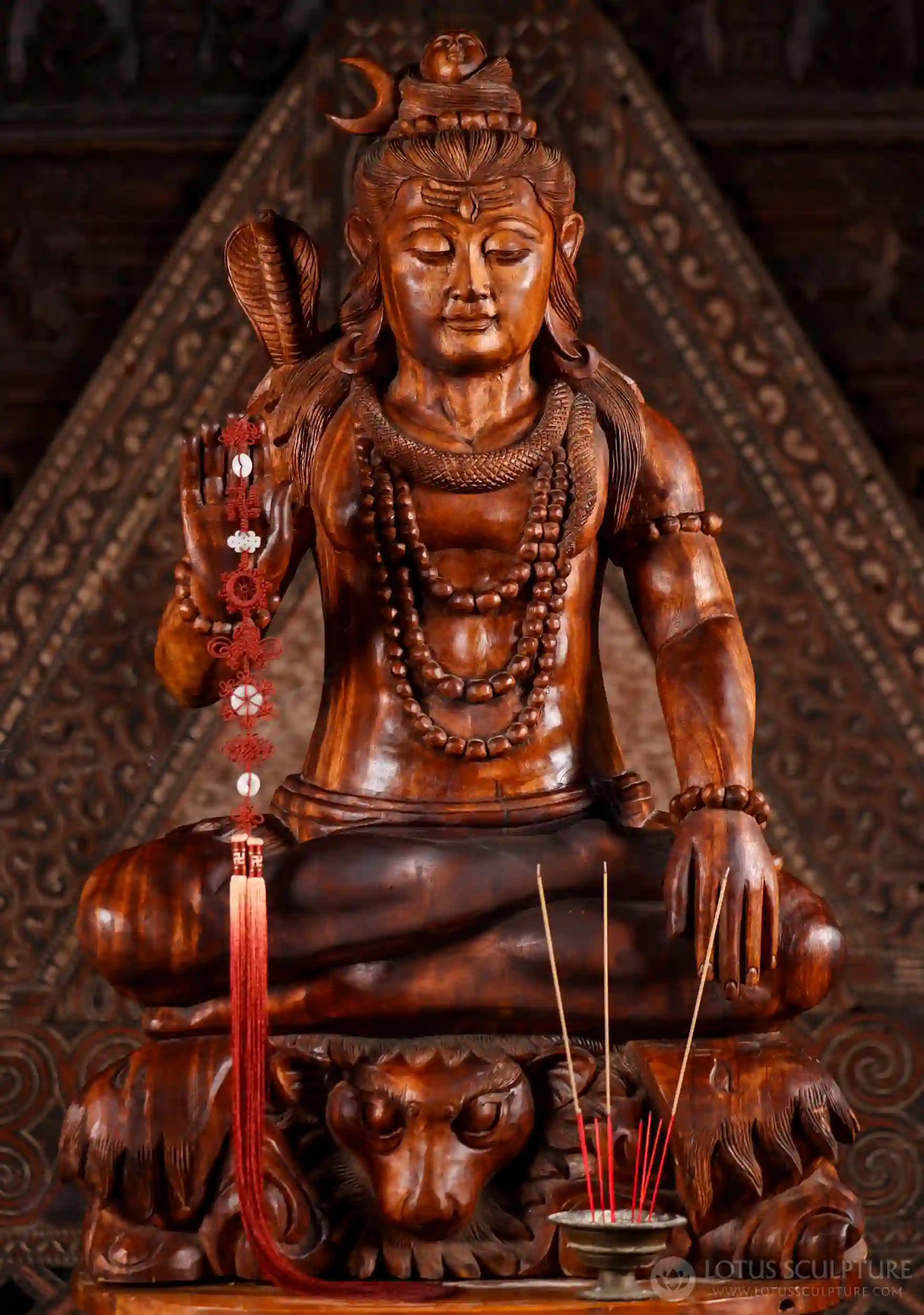 Shiva Wood Sculpture in Abhaya Mudra, Seated on Tiger Skin, Carved in Bali 39"