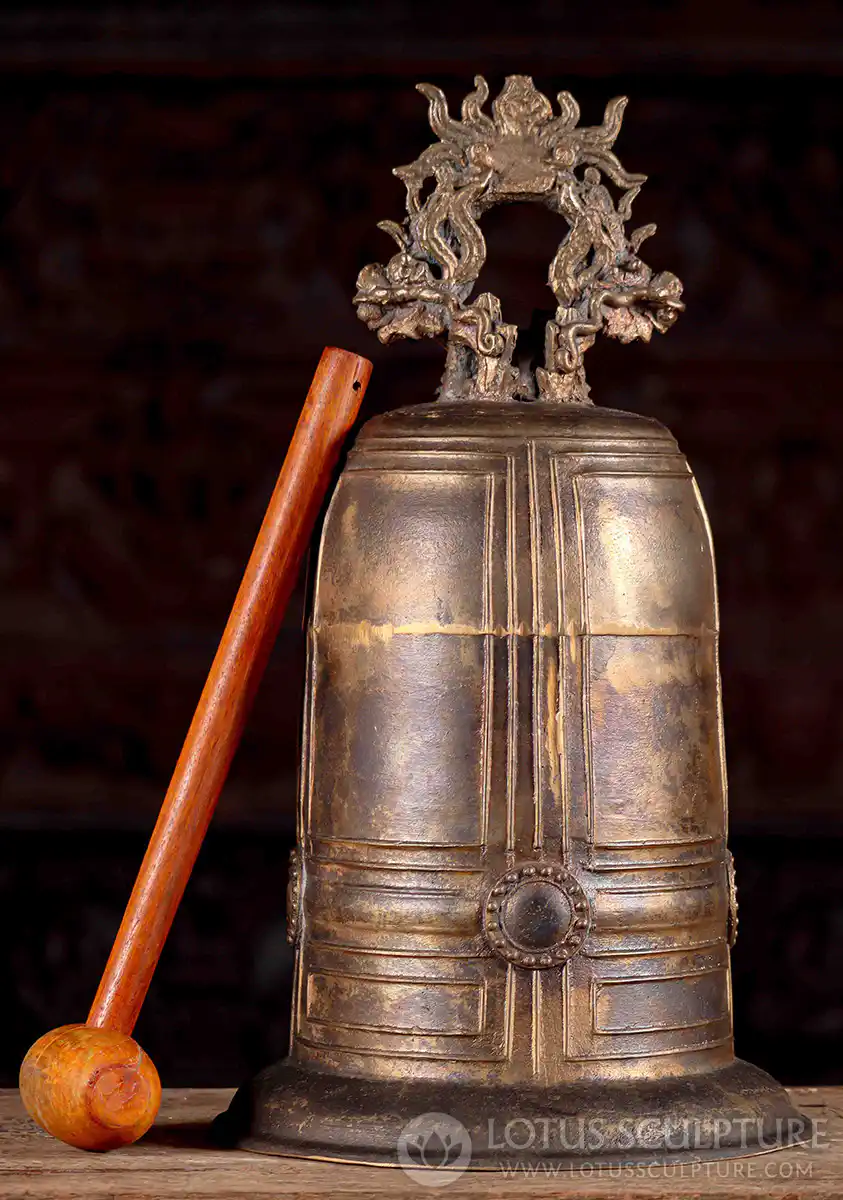 Brass Temple Bell Large with Ornate Dragon Handle Vietnamese Instrument 19"