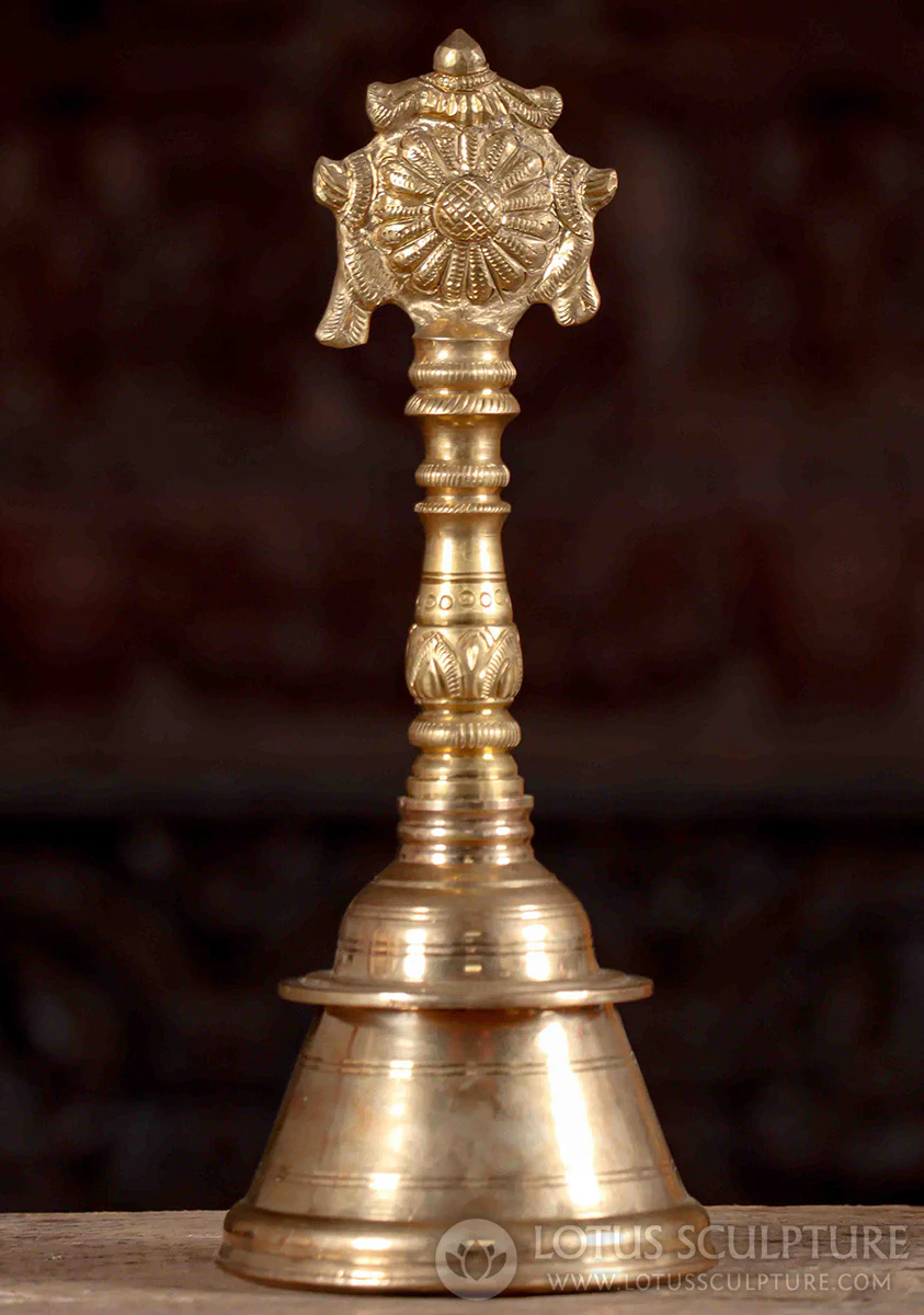 Bell with Vishnu's Chakra and Conch Polished Golden Bronze Handheld Hindu Instrument 12.5"