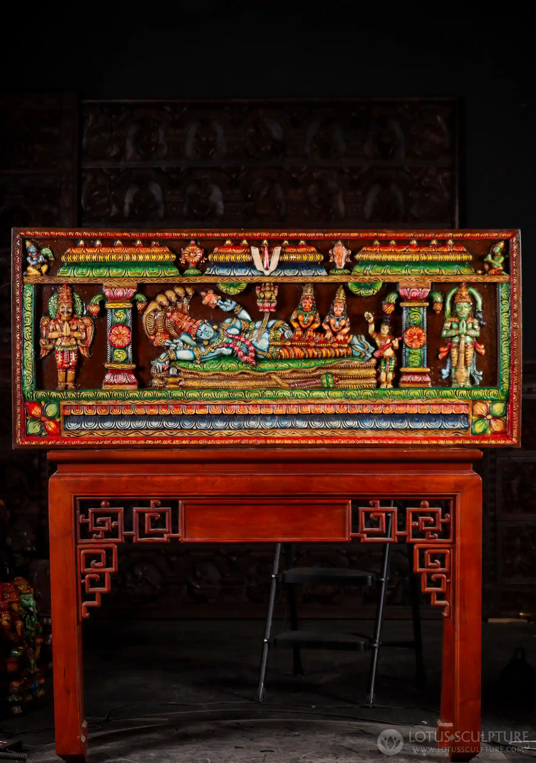 Birth of Brahma Painted Wood Panel with Reclining Vishnu, Hanuman, and Garuda 63"