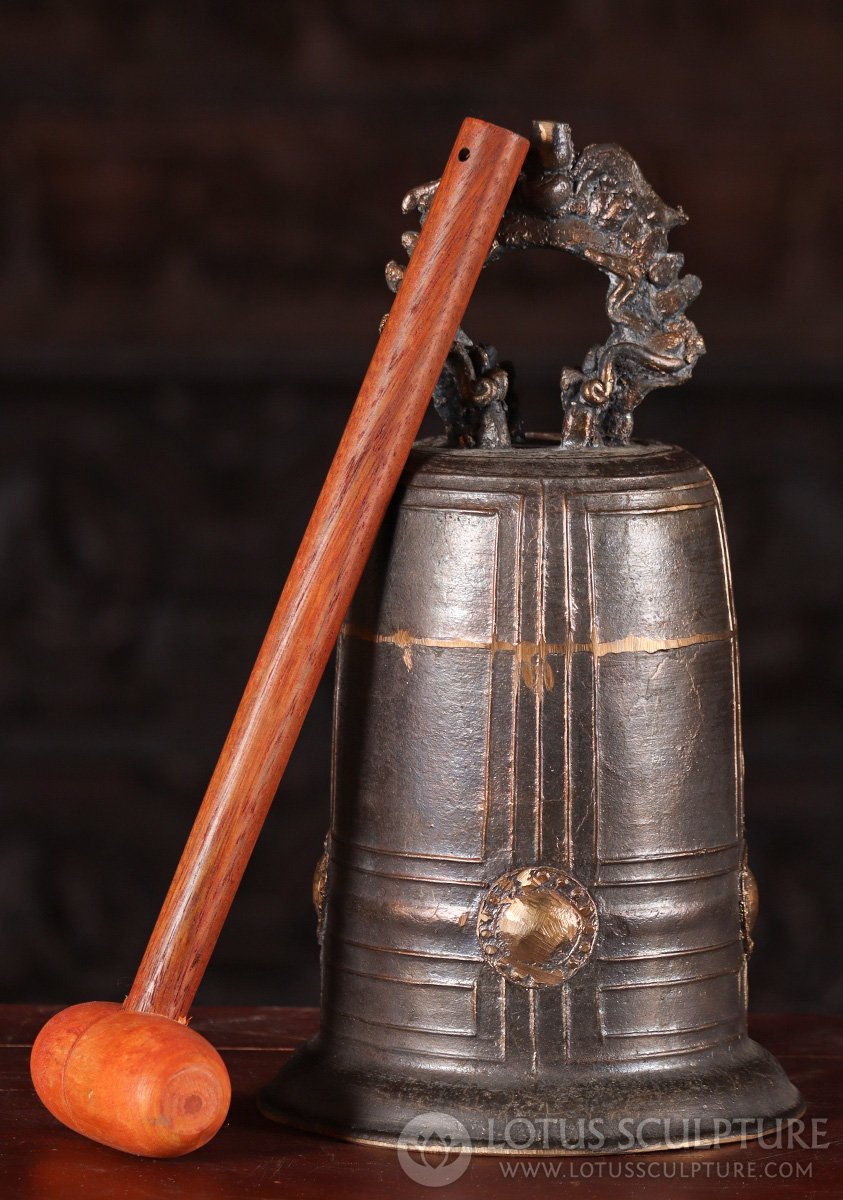 Brass Temple Bell with Dragon Handle and Wooden Mallet, Medium Size 13"