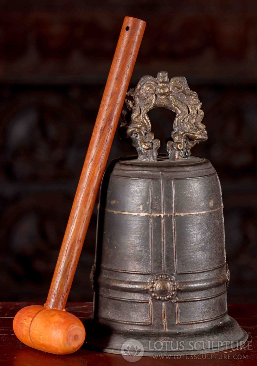 Brass Temple Bell with Dragon Handle and Wooden Mallet, Small Size 11"