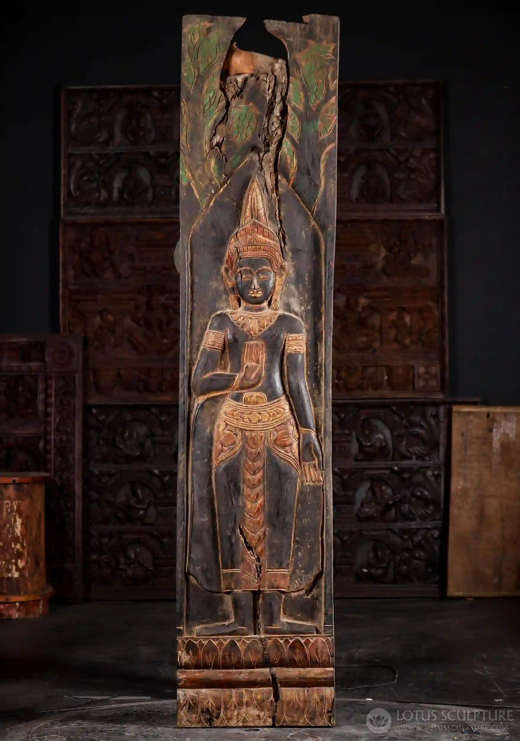 Buddha Standing Tall Under Tree Canopy in Abhaya Mudra on Lotus, Reclaimed Wood 83"