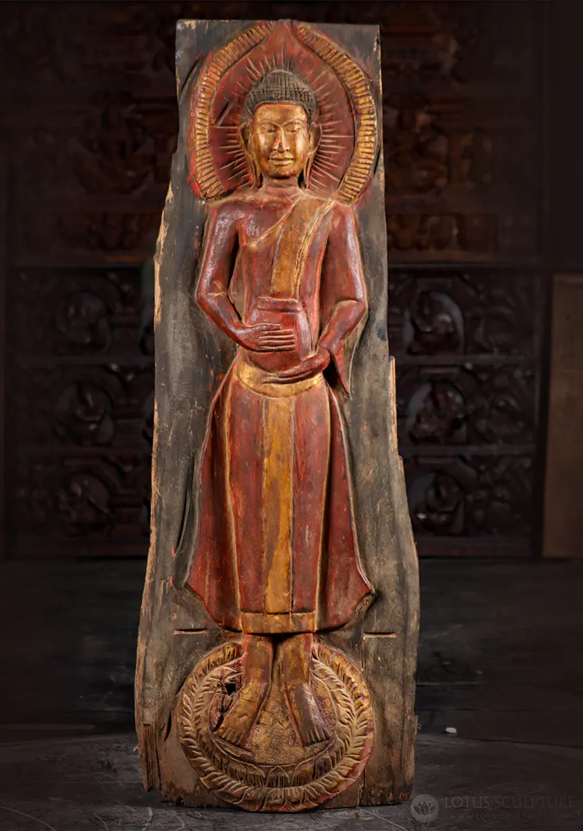 Buddha Statue Standing on Lotus with Alms Bowl, Reclaimed Wood, Cambodia 56"