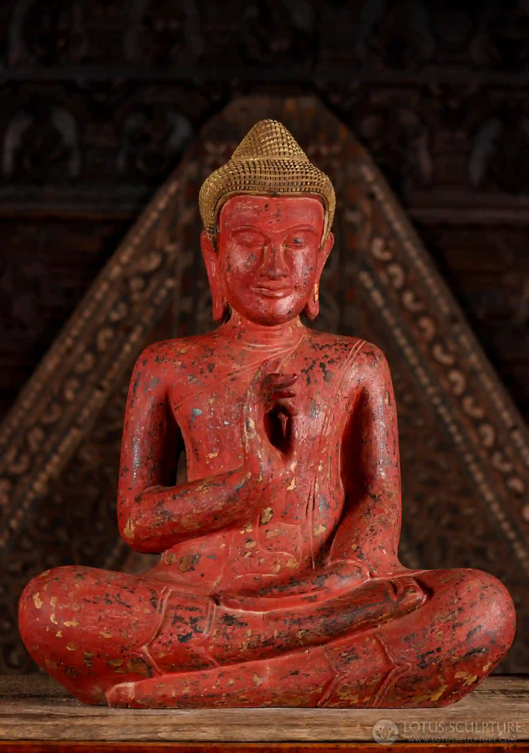 Buddha Cambodian Wood Sculpture in Vitarka Dhyana Mudra Seated in Half Lotus 24"