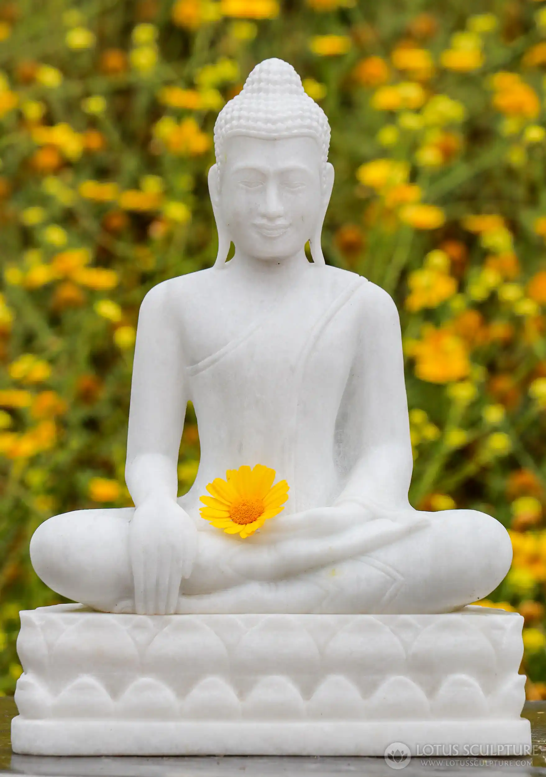 Buddha Statue in Earth Touching Mudra on Separate Lotus Base in White Marble 15"