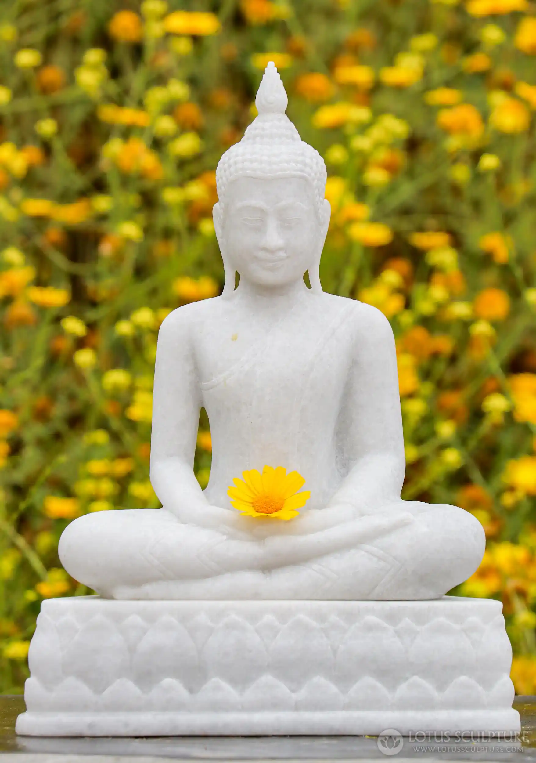 Buddha Statue in Dhyana Mudra White Marble with Flame Finial on Lotus Base 16"