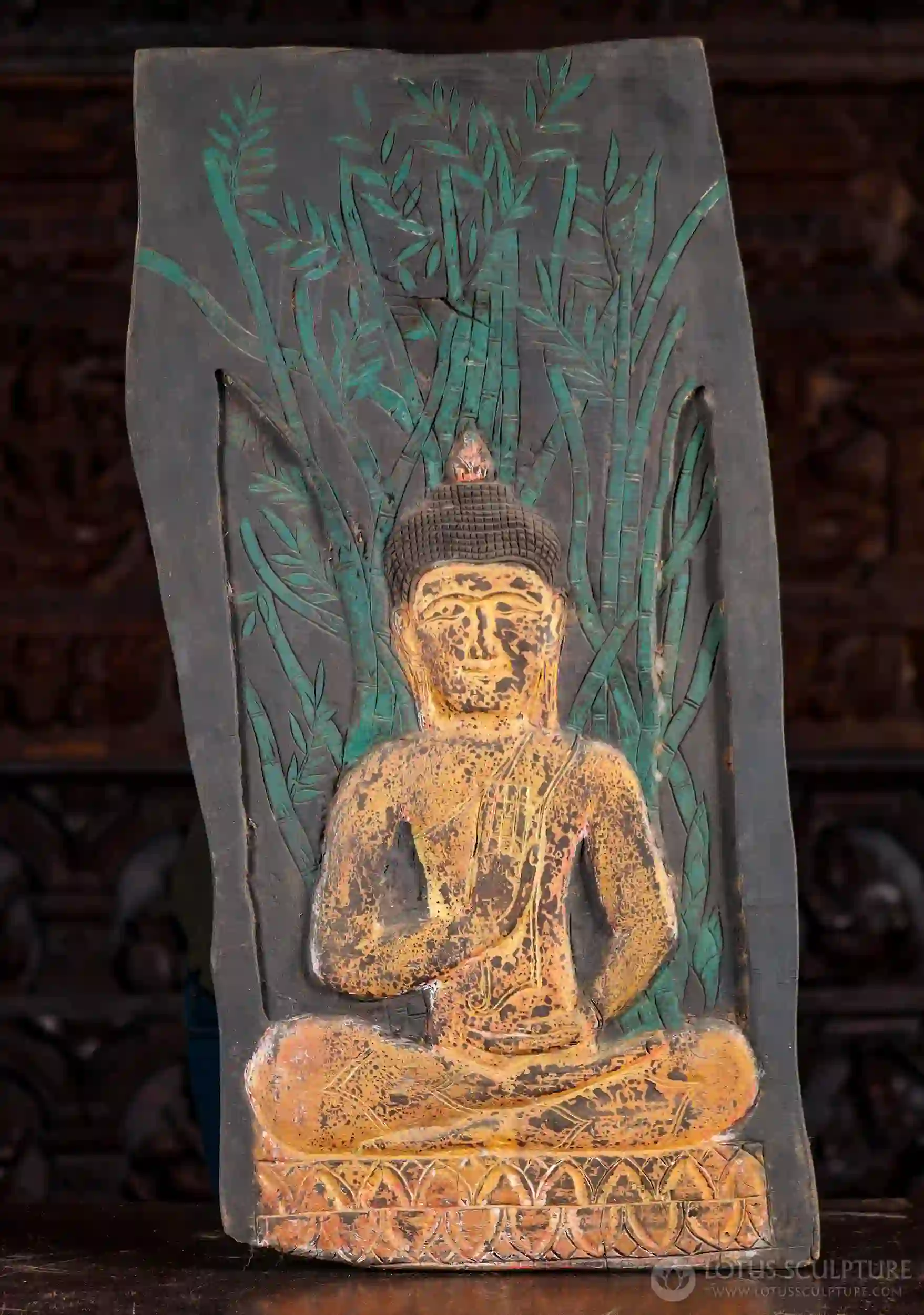 Buddha Hand-Carved Cambodian Wood Panel in Teaching Mudra Seated Under Bodhi Tree 34"