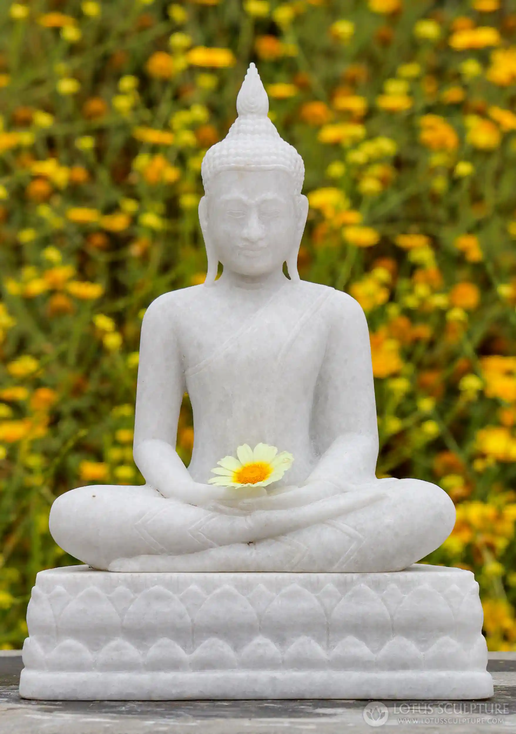 Buddha Garden Statue in Dhyana Mudra with Flame Finial on Lotus Base White Marble 16"