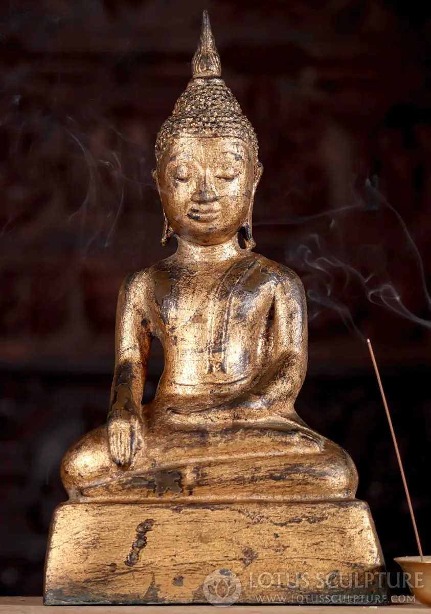 Brass Laotian Buddha Statue Covered in Real Gold Leaf in the Earth Touching Hand Position 17"