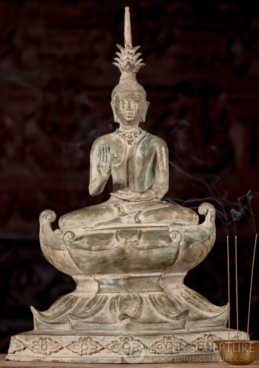 Buddha Statue Brass Laotian Style in Abhaya and Dhyana Mudra Seated on Elaborate Base 21"