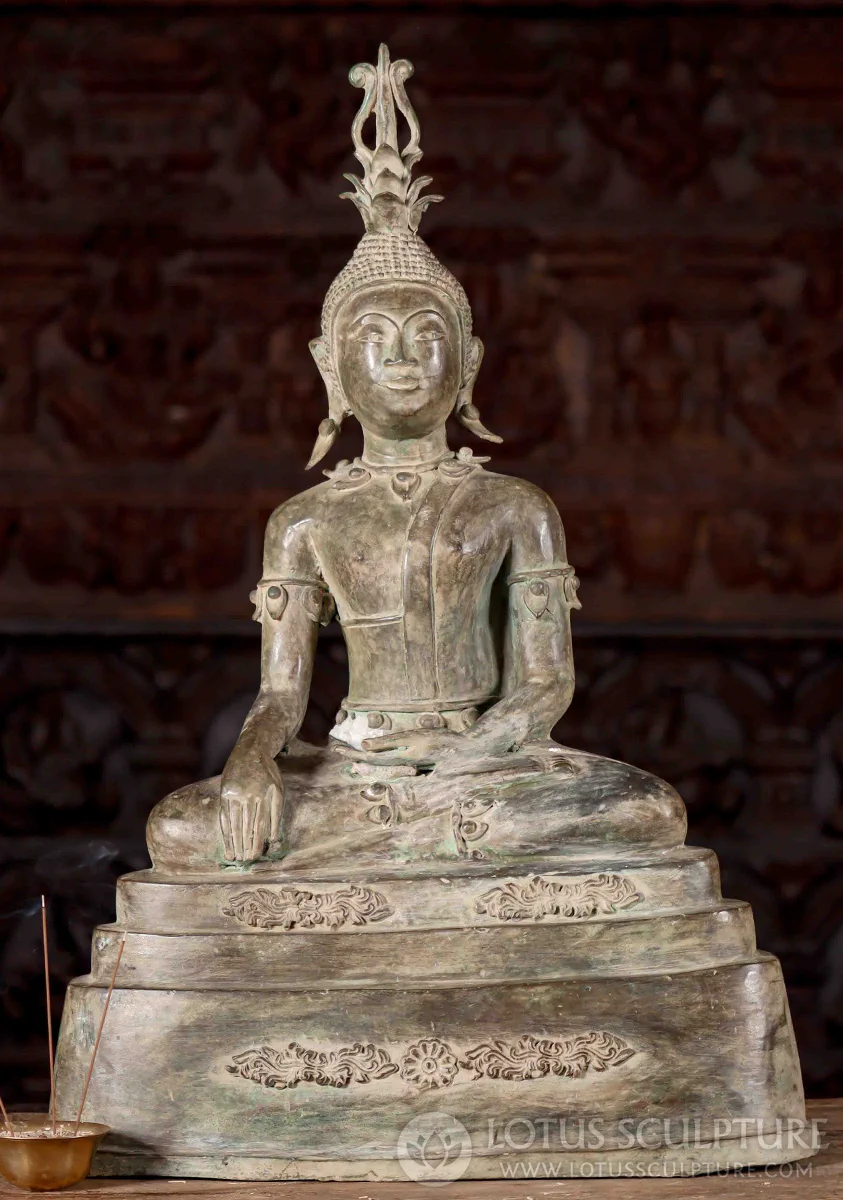 Buddha Statue Brass Laotian Style Seated on Three Tiered Base Wearing Headdress 26"