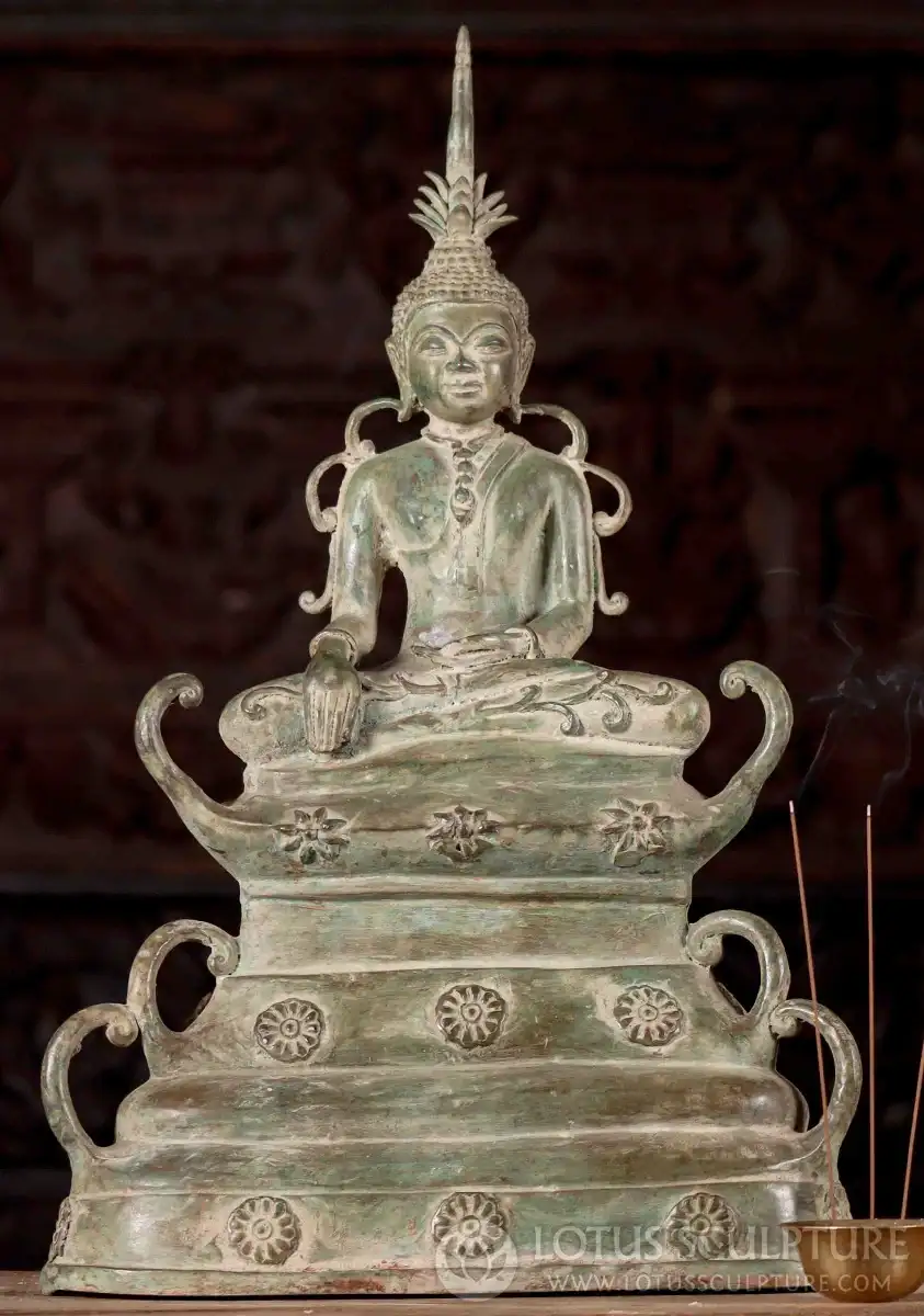 Buddha Statue Brass Unique Laotian Style Seated on Large Throne in Bhumisparsha Mudra 23"