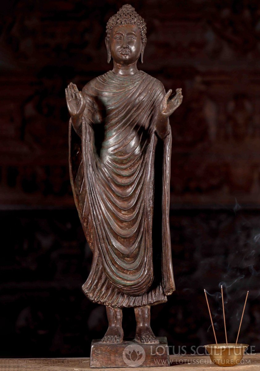 Thai Brass Monday "Preventing Calamities" Standing Buddha Statue Wearing Full Robes 24"