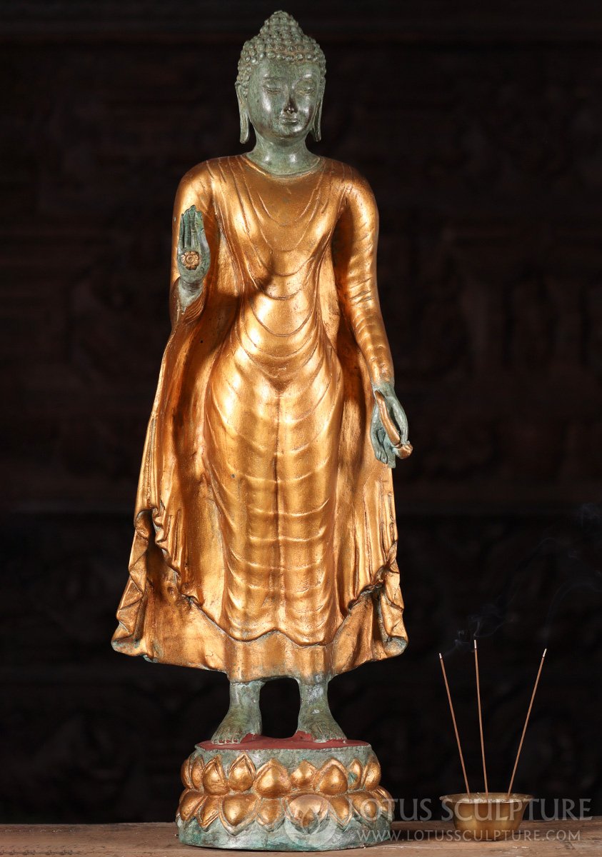 Buddha Statue Brass Gupta Style Standing on Lotus Base with Robes Outlining His Body 26"