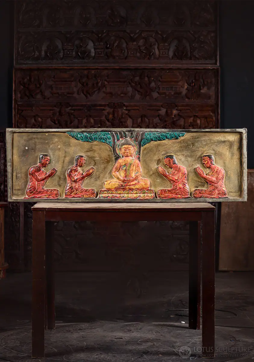 Buddha with Four Disciples Under Bodhi Tree, Cambodian Hand-Painted Wood Panel 51.5"