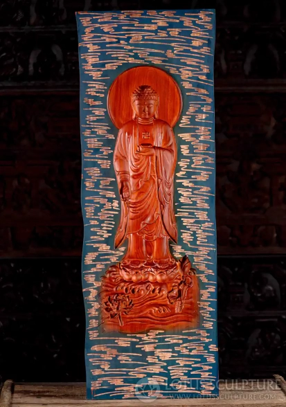 Buddha Wooden Wall Panel Concave Carving with Flowing Robes and Blue Background 46"