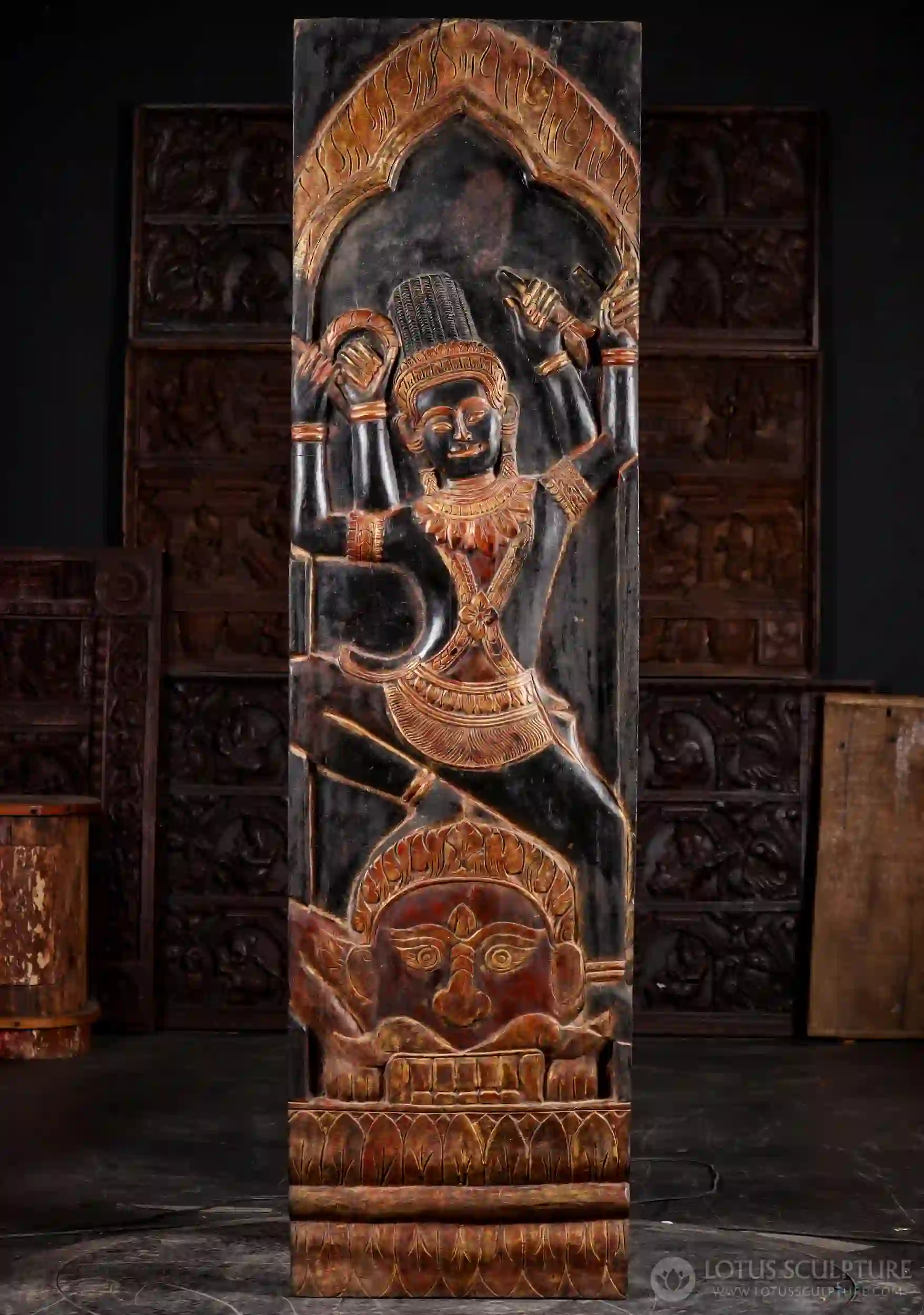 Dancing Vishnu with Four Arms on Asura, Cambodian Wood Panel 79"